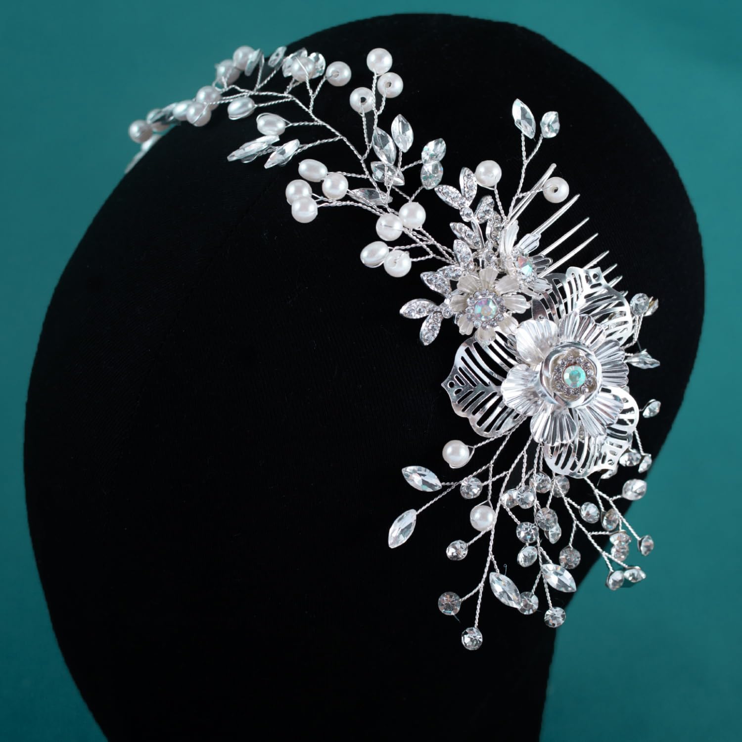 Braut-Haarkamm, Hochzeitshaarteile für Bräute, Perlen-Blumenranke, Braut-Kopfschmuck, Kristall-Haarschmuck für Brautjungfer, Silber, 1
