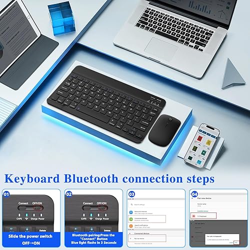 Miniatura 3 de Combo de teclado y mouse Bluetooth, diseño QWERTY, teclado inalámbrico ultradelgado de 10 pulgadas, sin retrasos, teclado silencioso compatible con