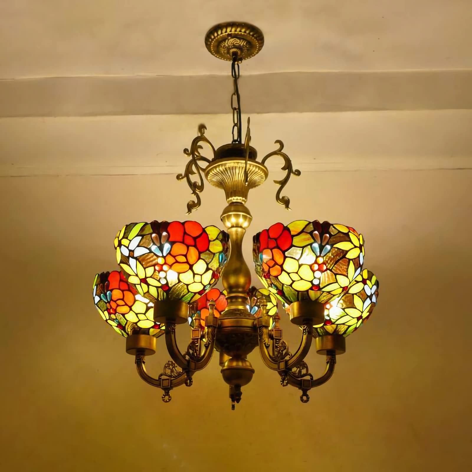 Dazii 5 Lights Tiffany Style Chandeliers, Victorian Style Stained Glass Ceiling Pendant Light for Living Room Bedroom Dinning Room Kitchen Island,C