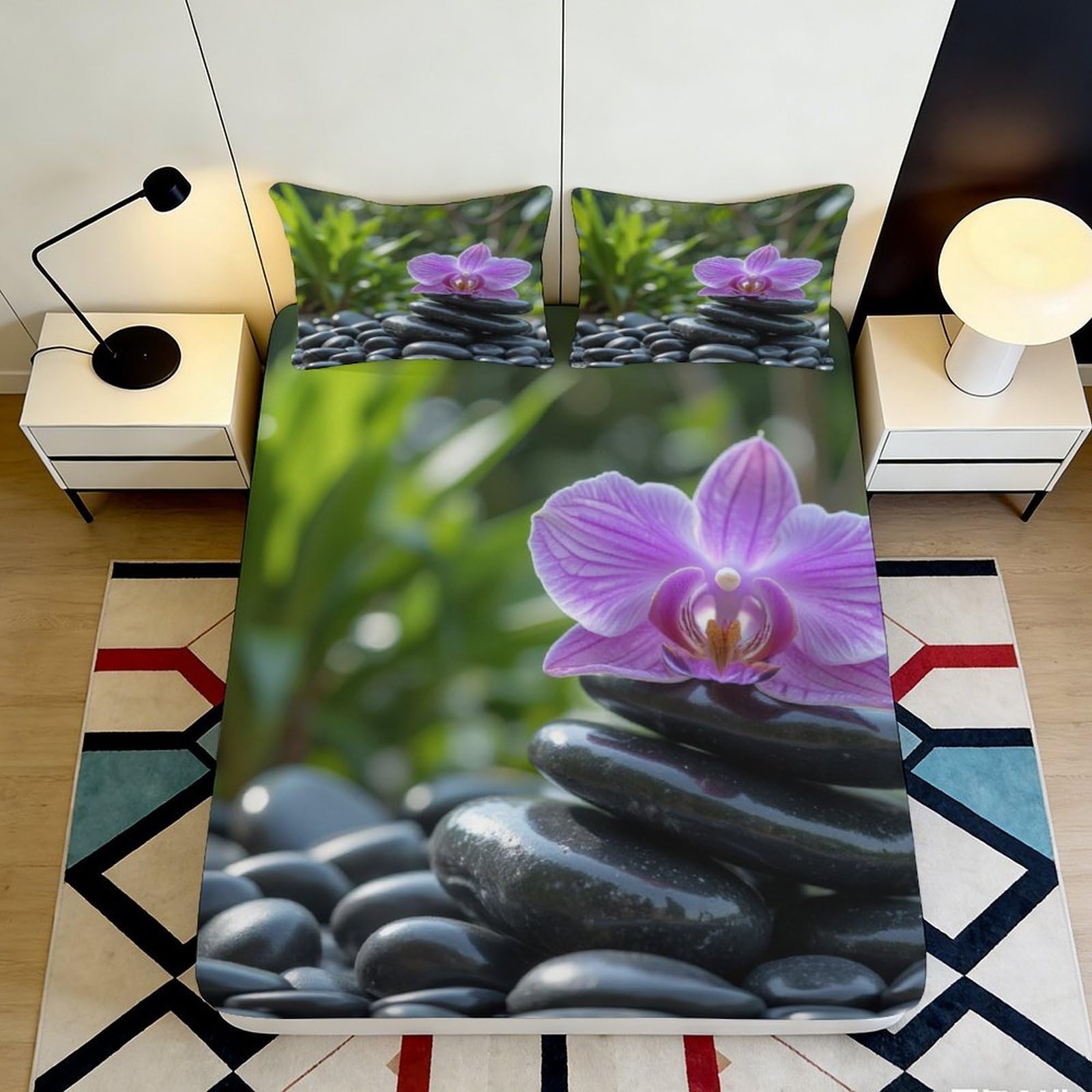 3D Printed Zen Stone Orchid Fitted Sheet Microfiber Deep Pocket Non-Slip Bedding Set Orchid Mattress Fitted Cover for Adults Bedroom 200x200x25cm