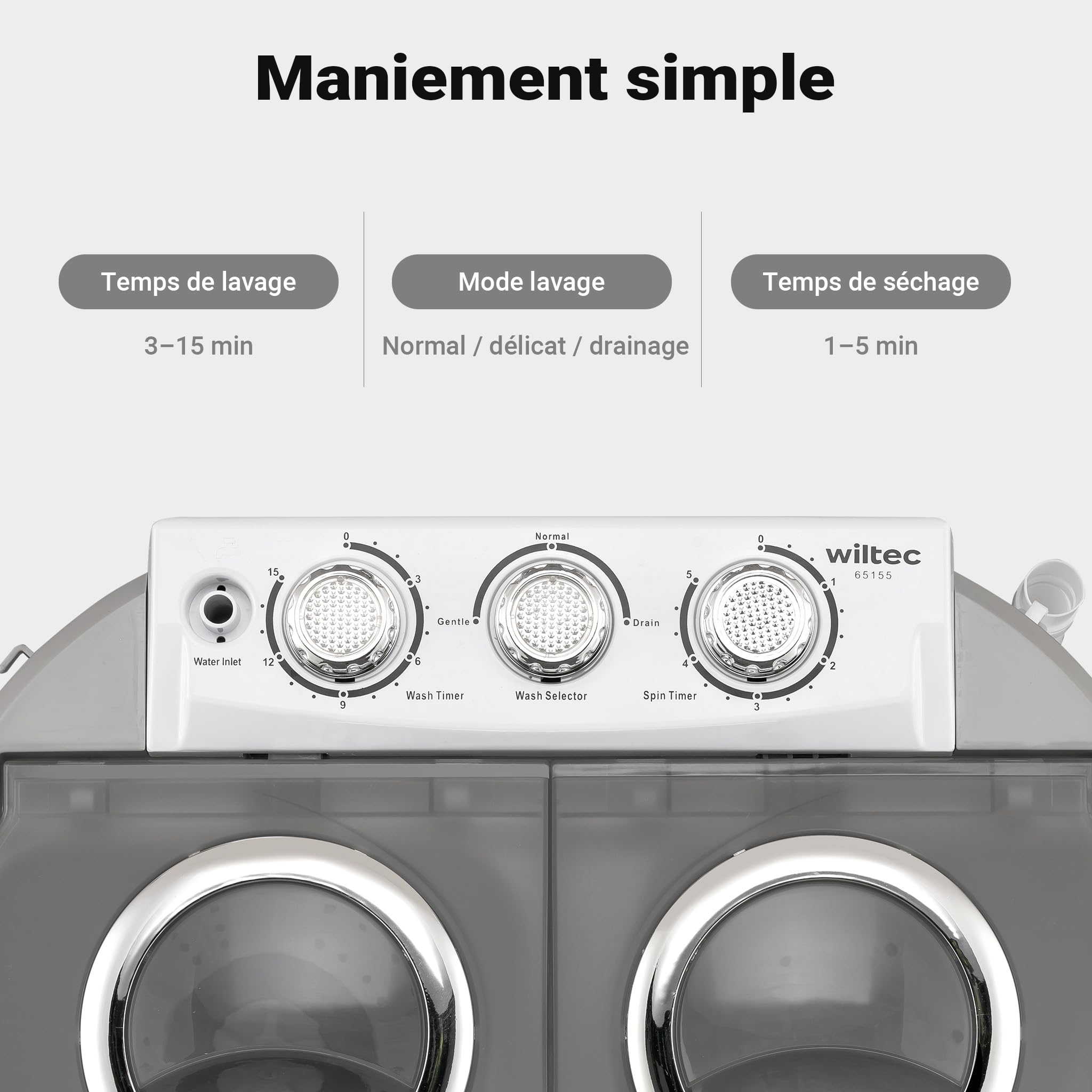 Wiltec Mini machine à laver et sèche-linge 60x36x60 cm 3 kg lavage 2 kg essorage 230/135 W pour camping voyage