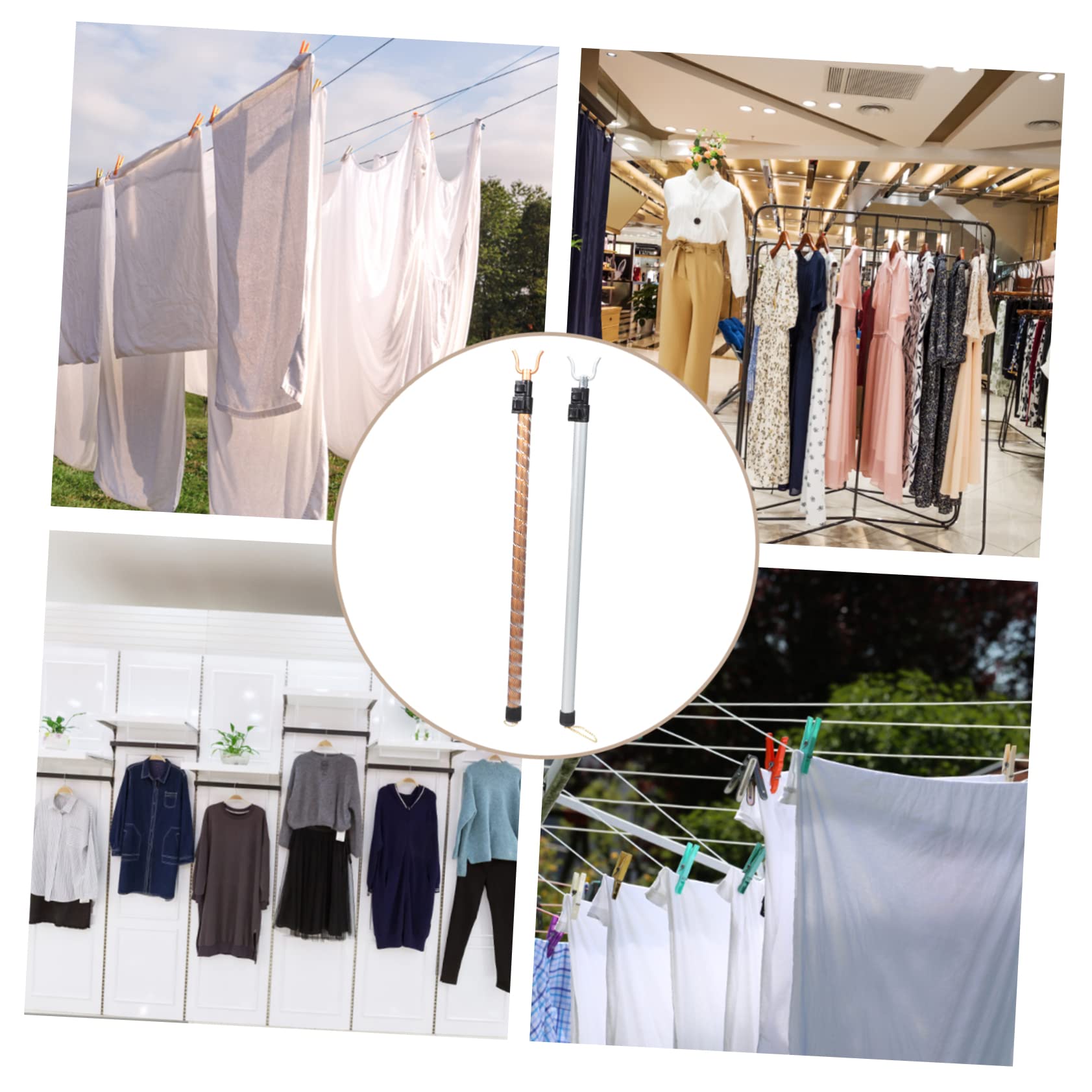 OFFSCH 2Pcs Retractable Aluminum Alloy Clothes Pole Telescopic Laundry Reaching Tool Lightweight Clothing Fork Rods for Easy Drying and Hanging Clothes Matte Patterned