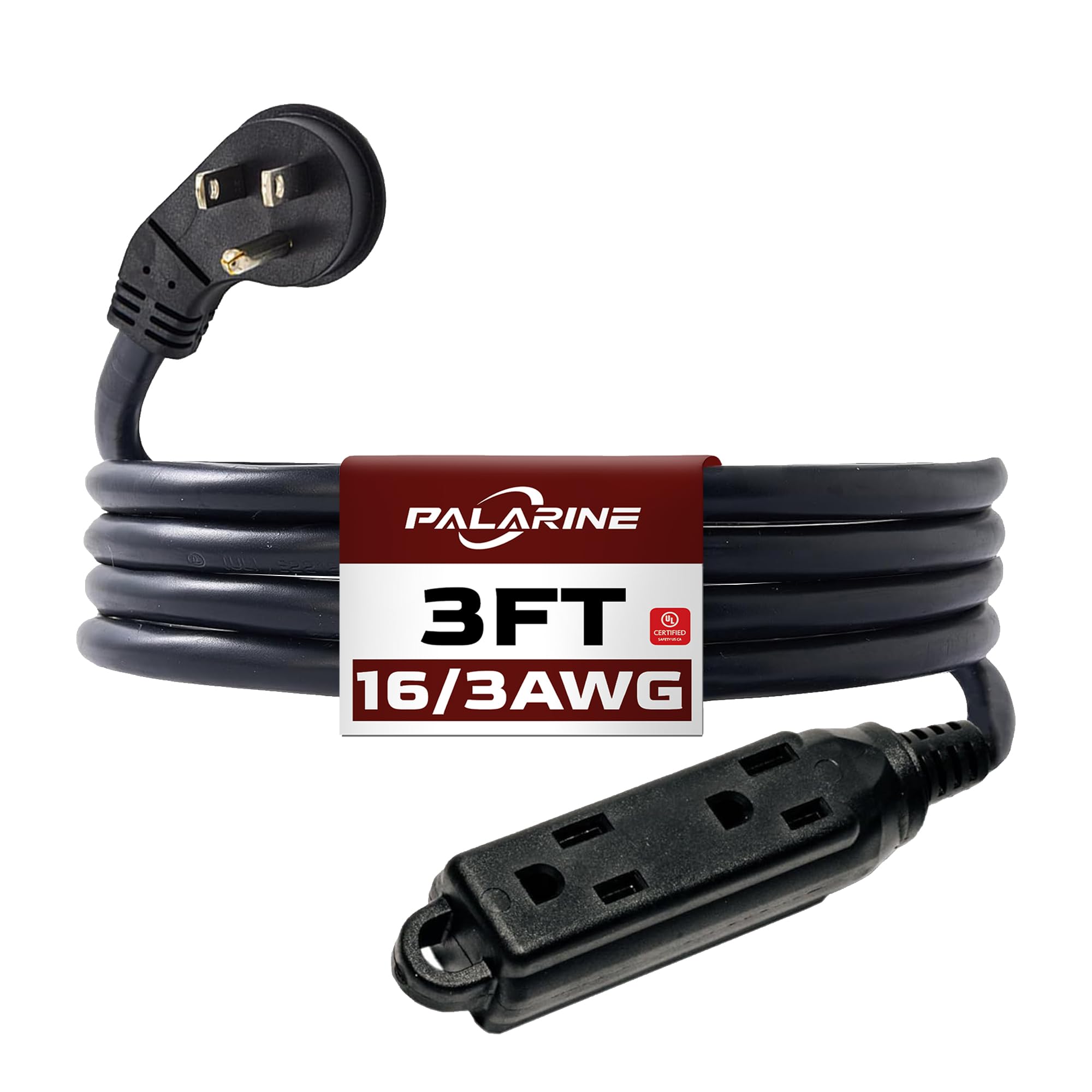 3 Ft Black Flat Plug Extension Cord with 3 Outlets, 16 Gauge Heavy Duty