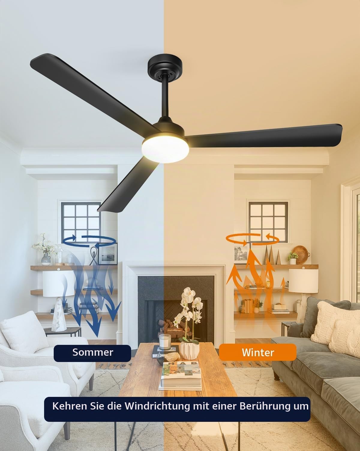 Deckenventilator mit Beleuchtung und Fernbedienung, 132 cm/52 Zoll, 3 Flügeln, Timer, 3 Farbtemperatur, 6 Geschwindigkeiten, Umkehrbar DC Motor, für Schlafzimmer Wohnzimmer