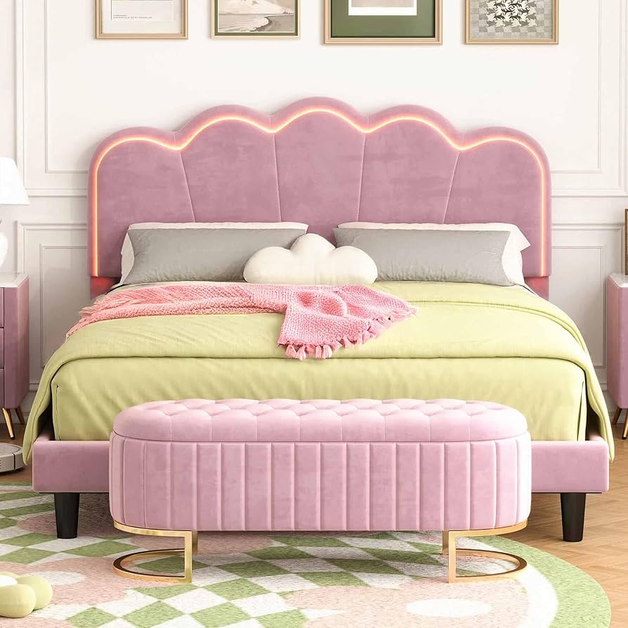 Amazon.com: HIROHRTV Queen Size Upholstered Pink Bed Frame
