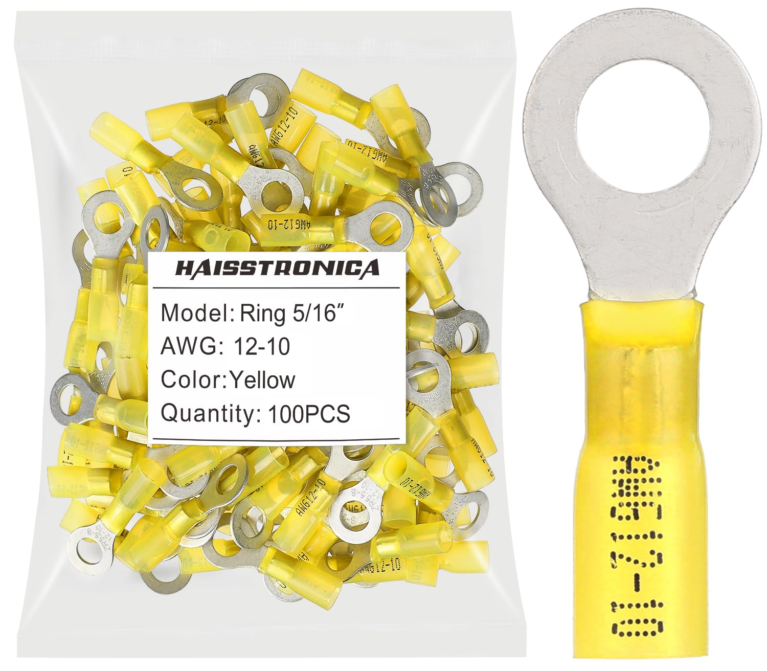 haisstronica 100pcs 5/16" Yellow Marine Grade Heat Shrink Ring Connectors,12-10 Gauge Tinned Red Copper 1mm Ring Terminals Connectors,Brazed-Seam