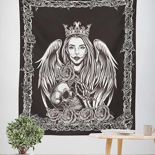 Miniatura 1 de ROCK CLOUD The Queen Lovers - Tapiz de calavera romántica en blanco y negro, tapiz de esqueleto para colgar en la pared, decoración de paisaje para