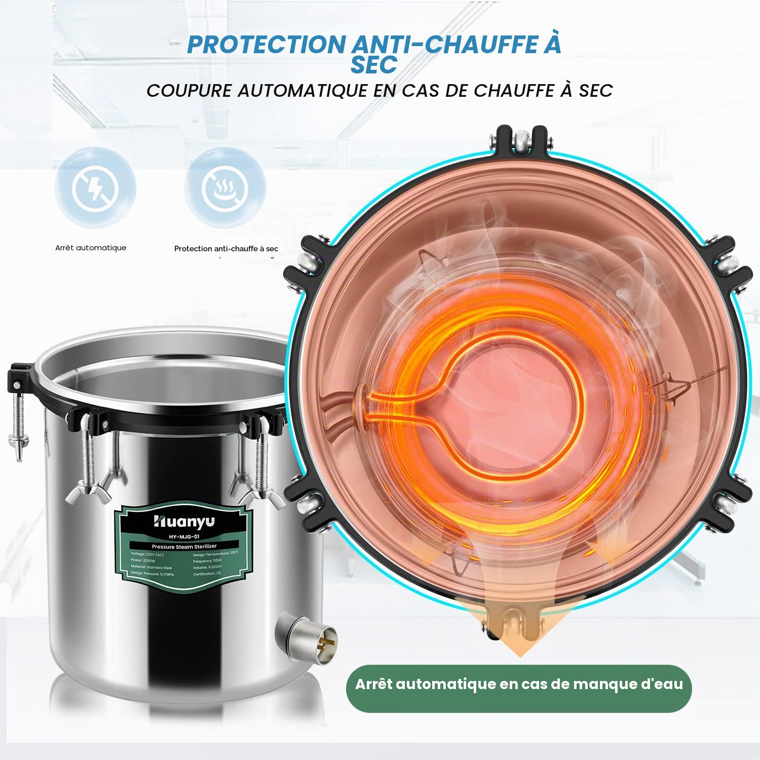 Huanyu Autoclave 18L avec soupape de dégonflage et soupape de sécurité Stérilisateur électrique à vapeur Stérilisateur à vapeur haute pression anti-brûlure à sec pour laboratoires et universités