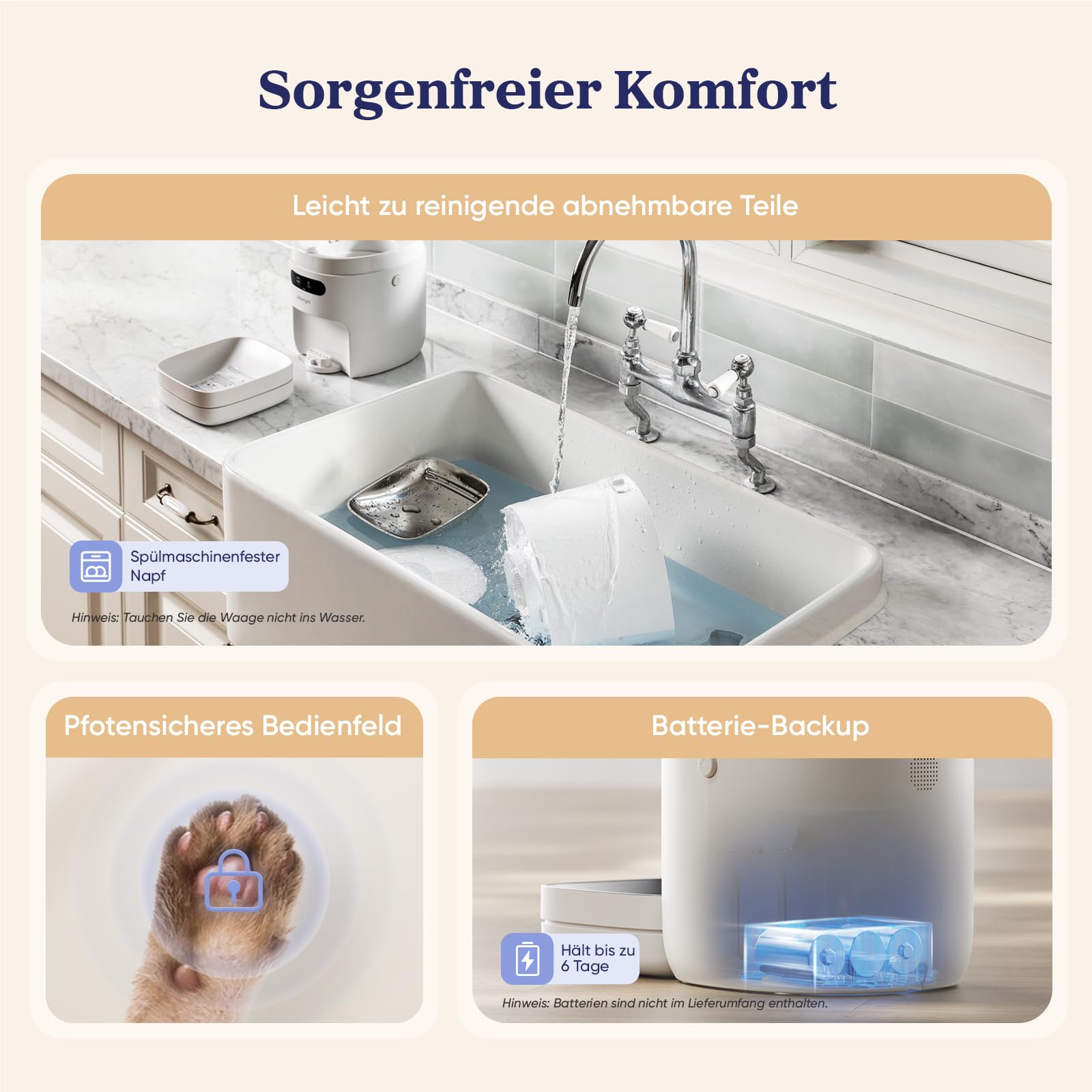 Pawsync Smart Futterautomat, Farbwechselnde Erinnerung, Haustierfutter-Trockenmittel hält Futter trocken & frisch, bis zu 3 Monate, App-Benachrichtigungen, Cremeweiß