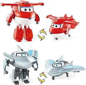 Super Wings Transformable Toys Playset, 5 in Jett and Traver Airplane Transforming Figures Toys Set, 2 in 1 Mode Rescue Bots Toy for 3-5 Year Old Boys Girls, Plane Toy for Toddlers Kids Age 3 4 5 6