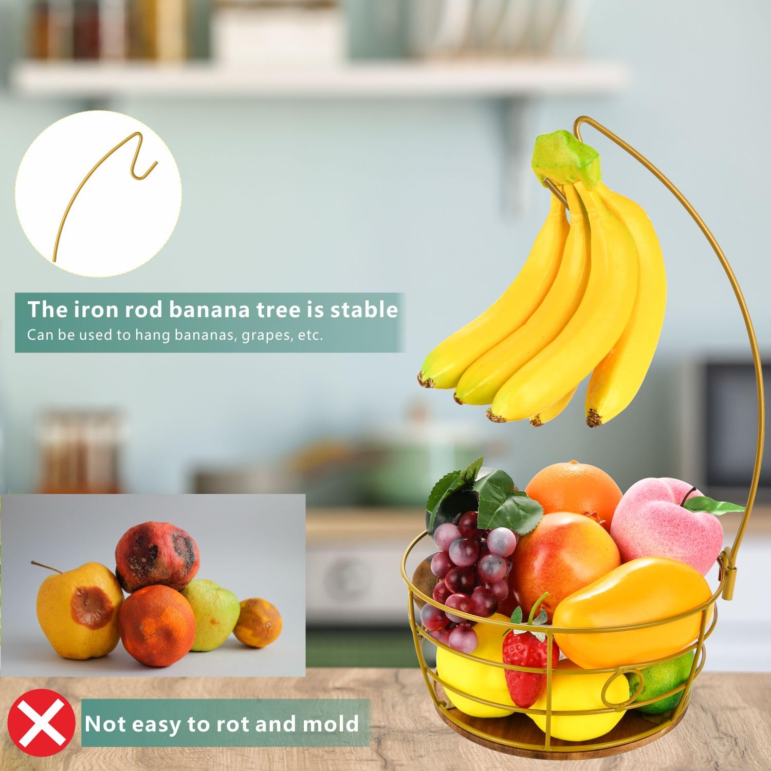 Ciotola Porta Frutta A 2 Ripiani In Metallo Con Gancio Per Banane - Nero, Salvaspazio, Traspirante