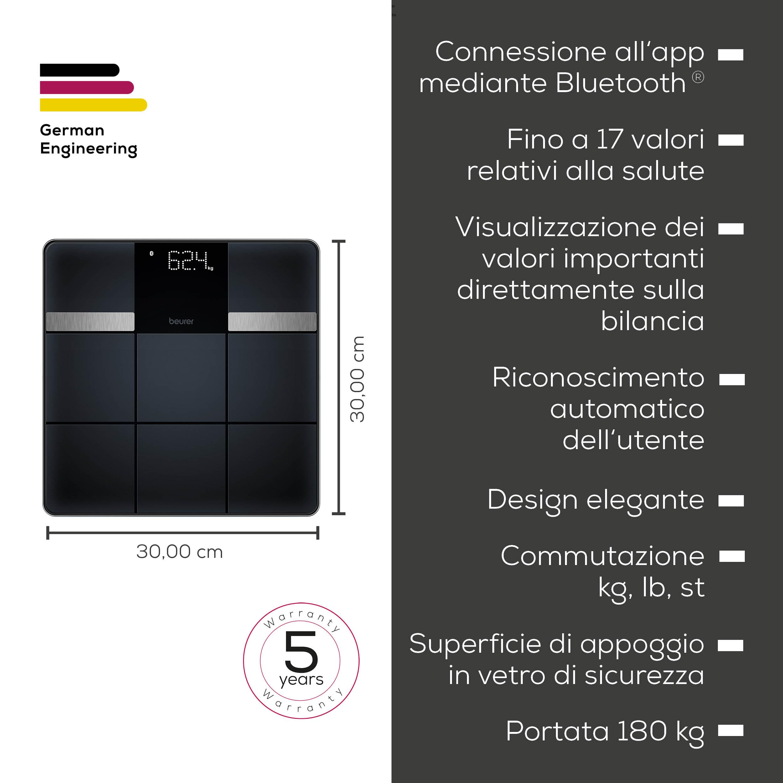 Beurer BF 450 bilancia pesapersone con connessione app tramite Bluetooth, bilancia impedenziometrica digitale con 17 valori di misurazione, struttura piastrellata opaca, 8 memorie utente, 180 kg