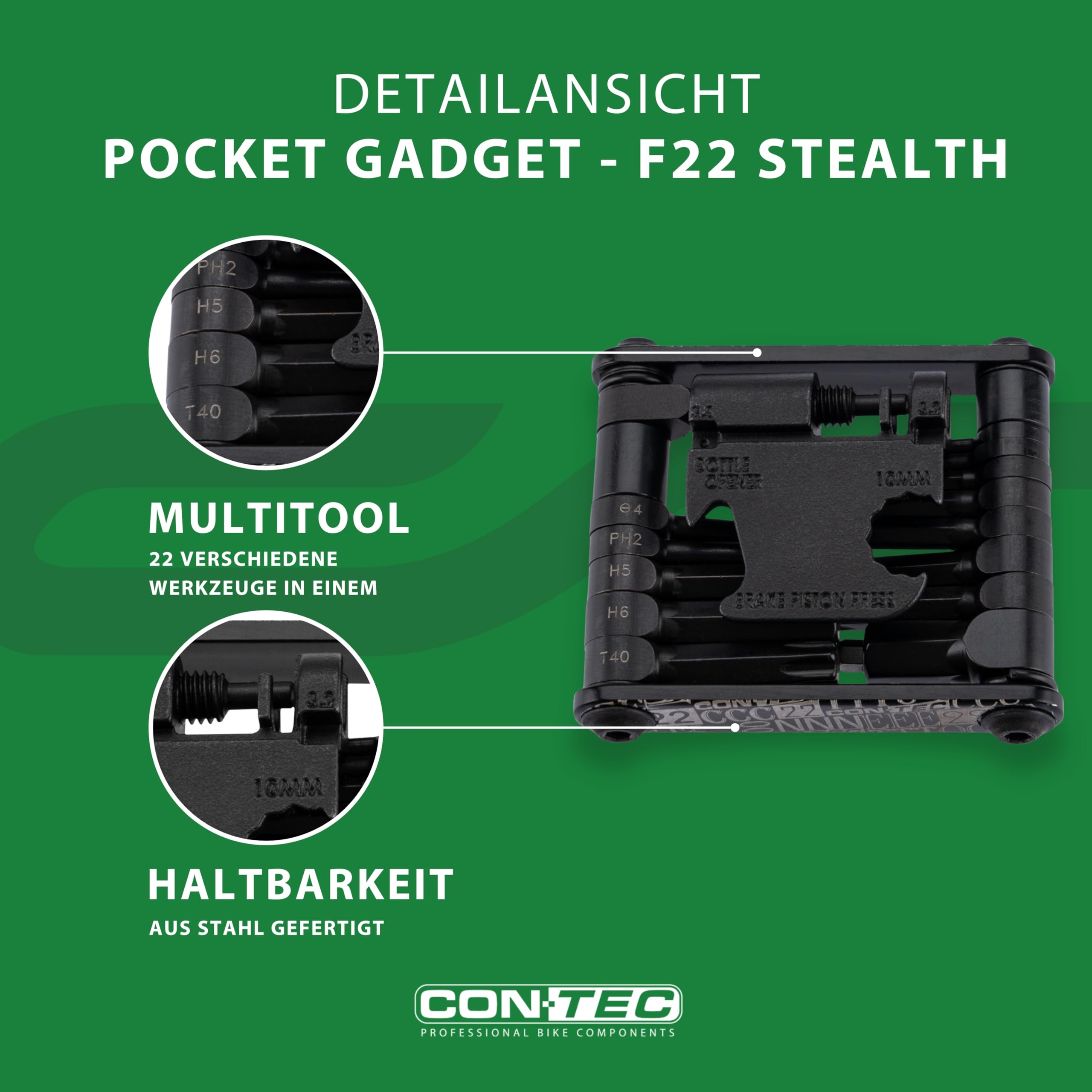 CONTEC Fahrrad-Multitool Pocket Gadget - F22 Stealth, 22 in 1, Multifunktionswerkzeug, Reparatur Set, Mini-Tool, Multi-Purpose, Innensechskant, leicht