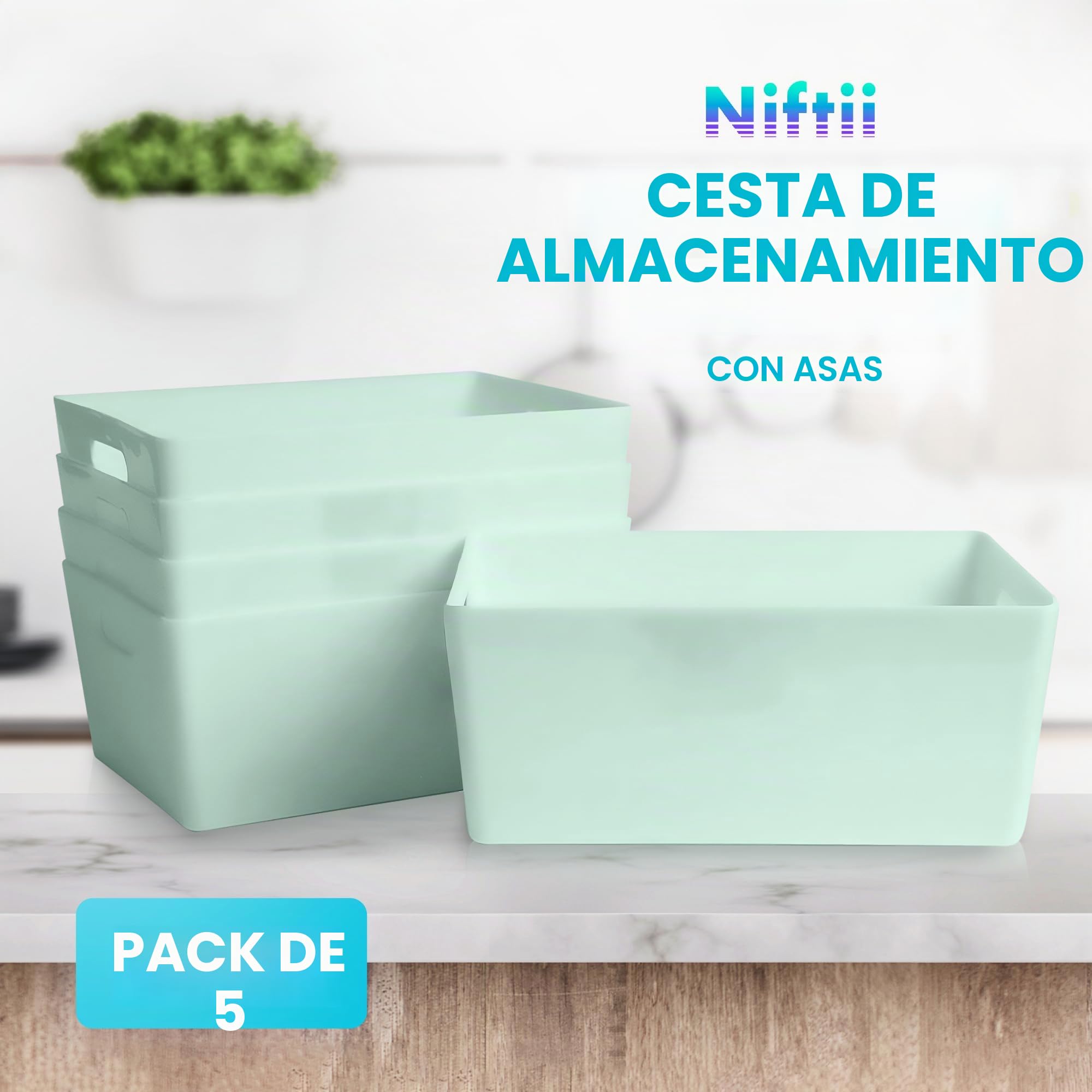 NIFTII Paquete de 5 cestas de almacenamiento de plástico con asas de 3,9 L, color salvia, organizador rectangular de almacenamiento para armario, cajas de almacenamiento de ropa, cestas de
