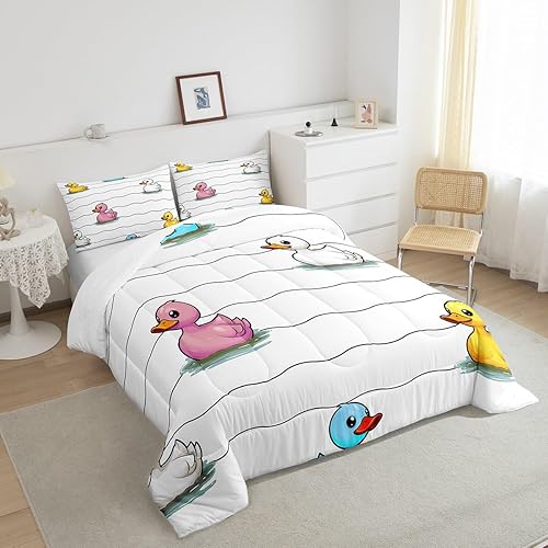 Miniatura 4 de Erosebridal Juego de edredón de dibujos animados para niños y niñas, juego de ropa de cama colorido de pato, relleno de edredón de líneas onduladas