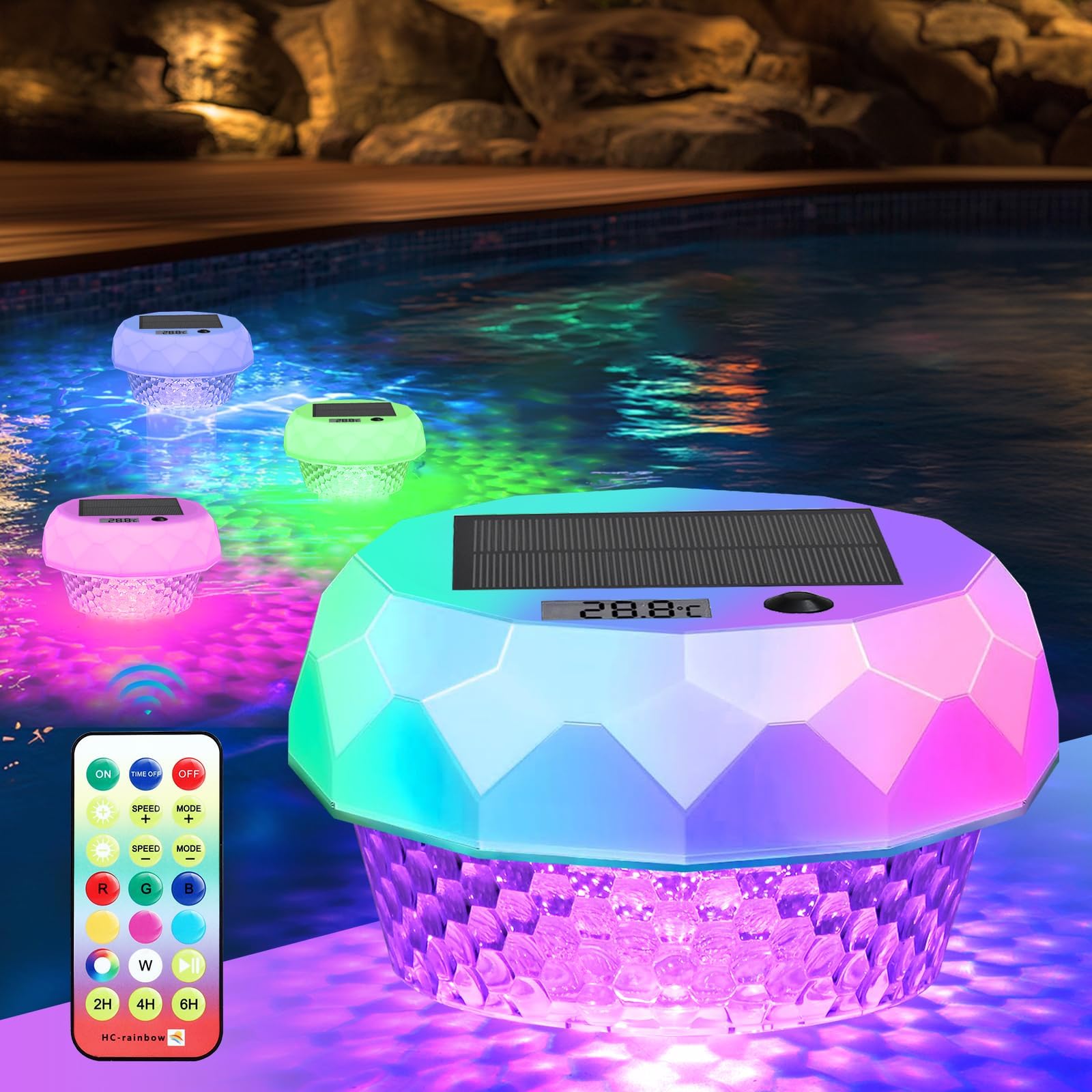Luci Solari per Piscina con Termometro Digitale,Luci Galleggiante per Piscina Galleggianti Cambia Colore RGB con Telecomando Impermeabile IP68 per All'aperto Piscina Spa Festa Giardino