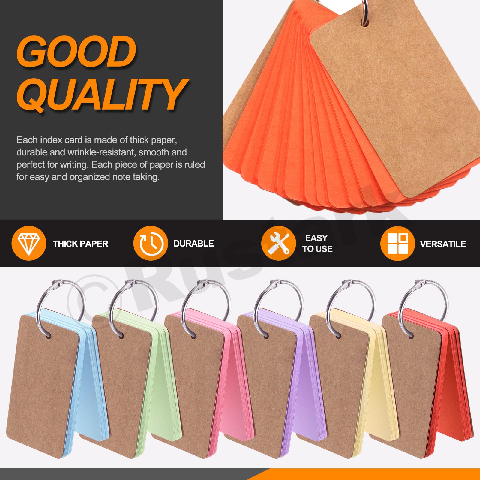 Rustark 600Pcs 2.2 x 3.5 Inches / 9 x 5.4cm 6 Colors Index Cards with Rings Blank Easy Flip Flash Card Study Note Cards Thick Memo Card for Office School Learning Memory - Image 3