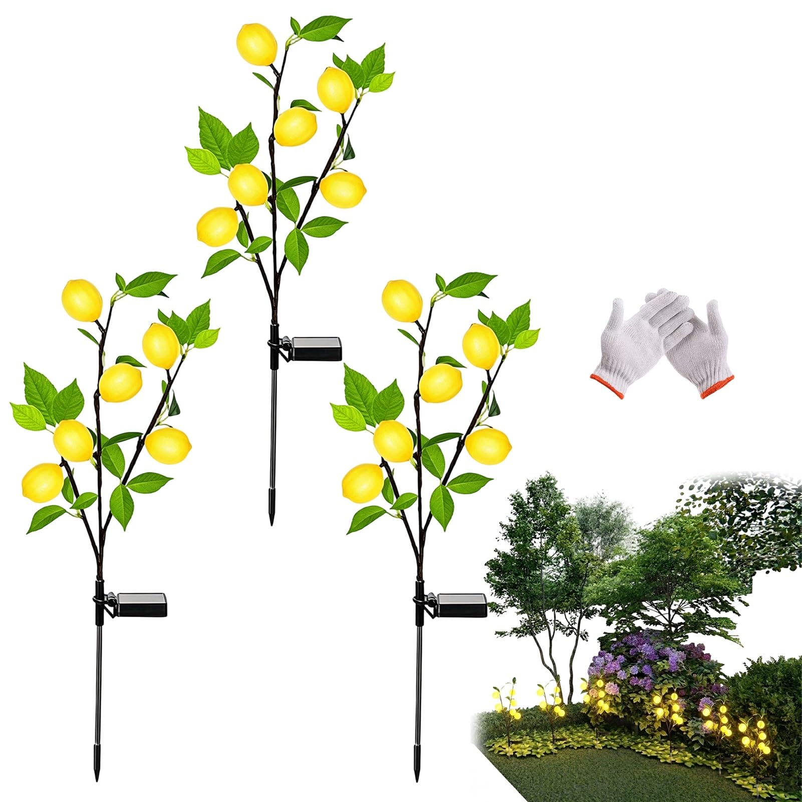 Solar Garden Lights Waterproof Solar Flower Tree Light With Realistic Lemon, Solar Tree, IP65 waterproof rating, For Decorating Gardens, Pathways, Courtyards, And Lawns[Energy Class A+++](3pcs-A)