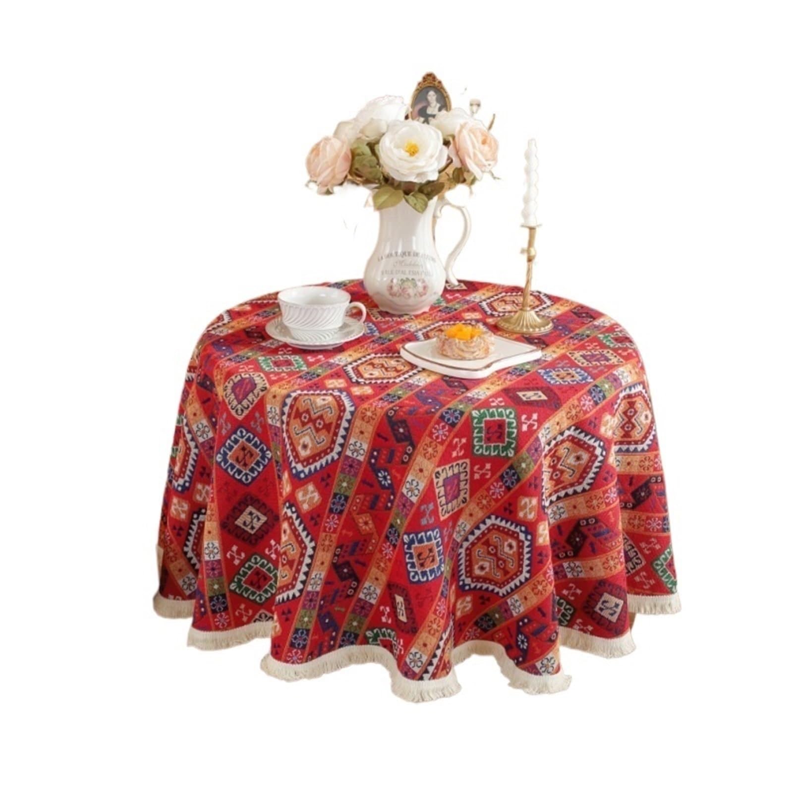 ZNTIHZ Cotton Linen Bedside Table Cover Solid Edge Decor Tablecloth Round For Tea For Furniture Dresser(Red,Diameter 150cm)