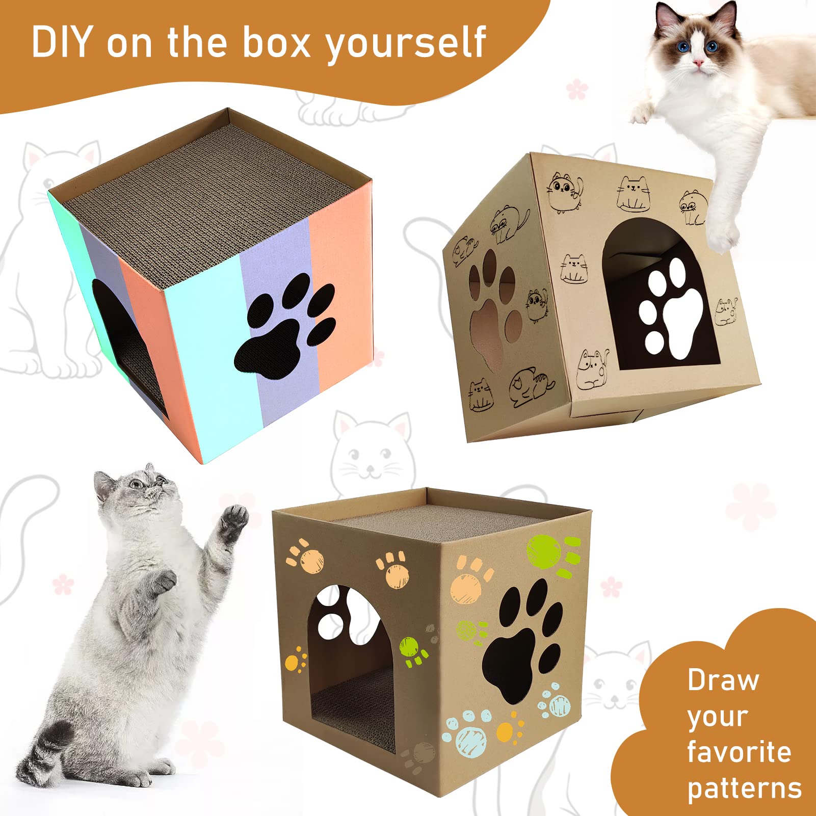 Double Layer Cardboard Cat House - Cat Scratcher & Bed 2-in-1, With Scratching Board & Hanging Toy, 17x11x21 Inches