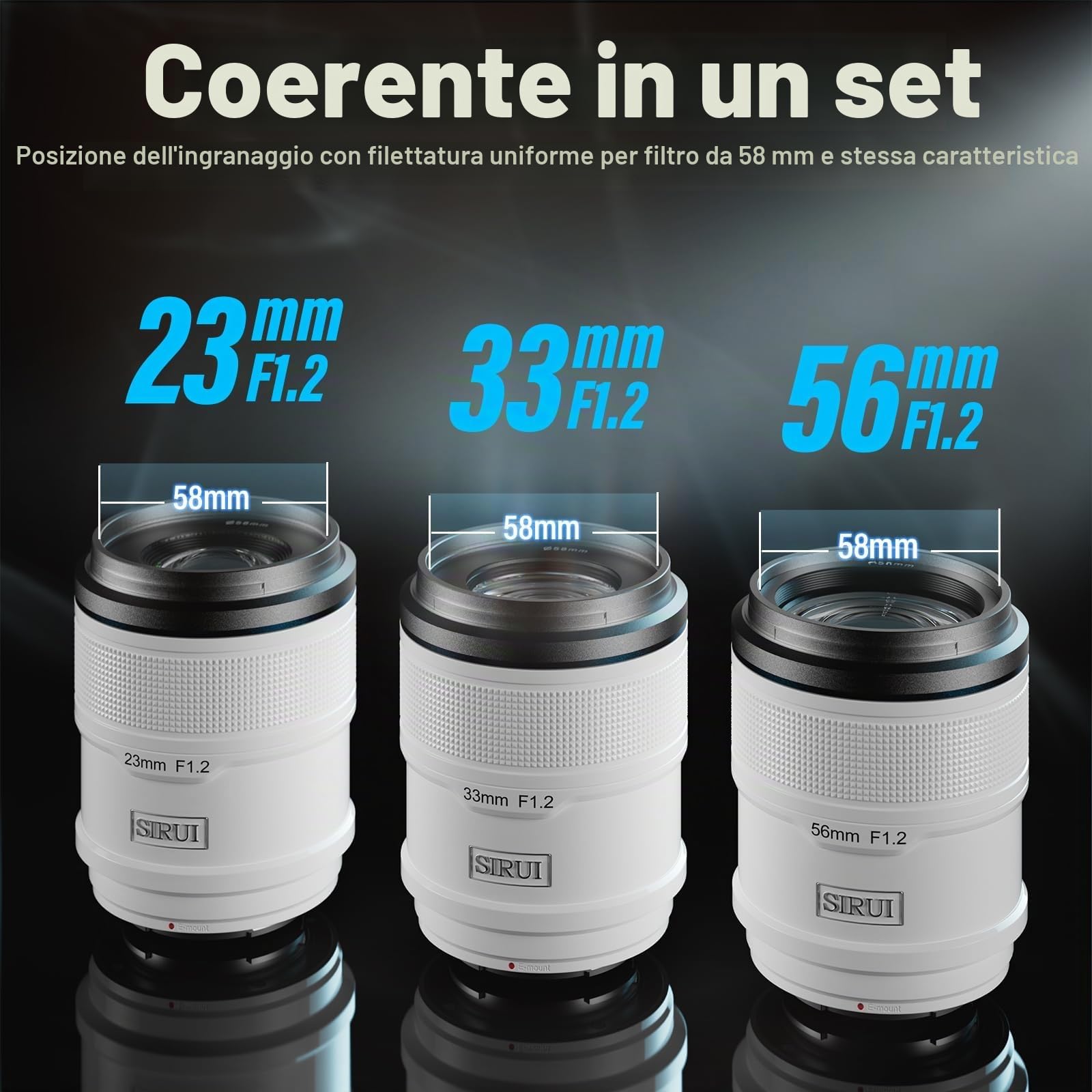 SIRUI Sniper Set Obiettivi Grandangolo Autofocus APS-C 23mm, 33mm, 56mm F1.2 per A5, A6, FX30, ZV-E10 (Attacco E, Bianco)