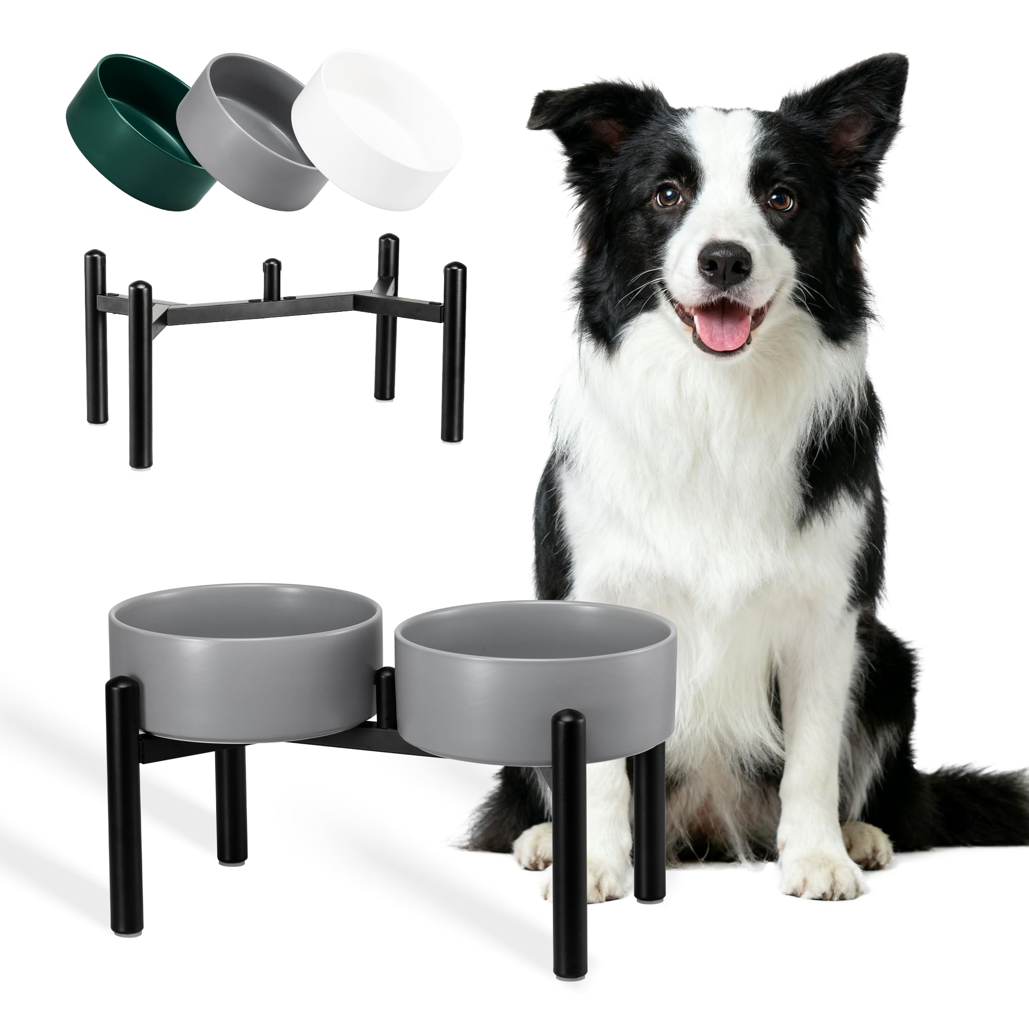 Dog Bowls Elevated - Ceramic Raised Dog Bowl with Non Slip Steel Stainless Stand - No Spill and Heated Feeding Station - Food and Water Dish Set for Medium to Large Pet - Each Holds 7.5 Cups – Grey