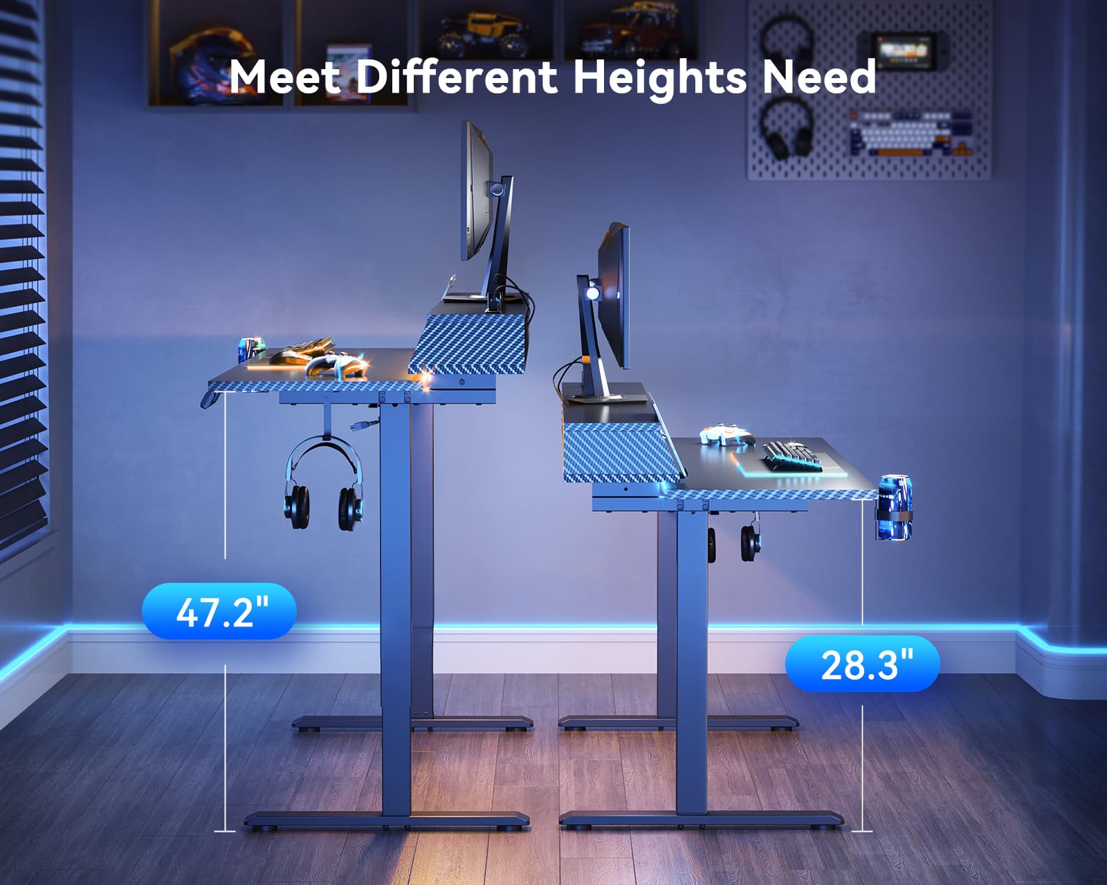 OffiGo Gaming Standing Desk with LED Light 55 Inch Electric Height Adjustable Table with Power Outlet Monitor Stand — view 9