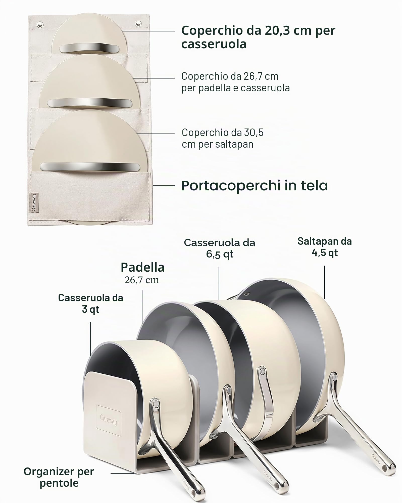 Caraway Set di pentole in ceramica antiaderente (12 pezzi), pentole, padelle, coperchi e contenitori da cucina, senza PFAS e PFOA, set di padelle adatte al forno e compatibili con tutti i piani
