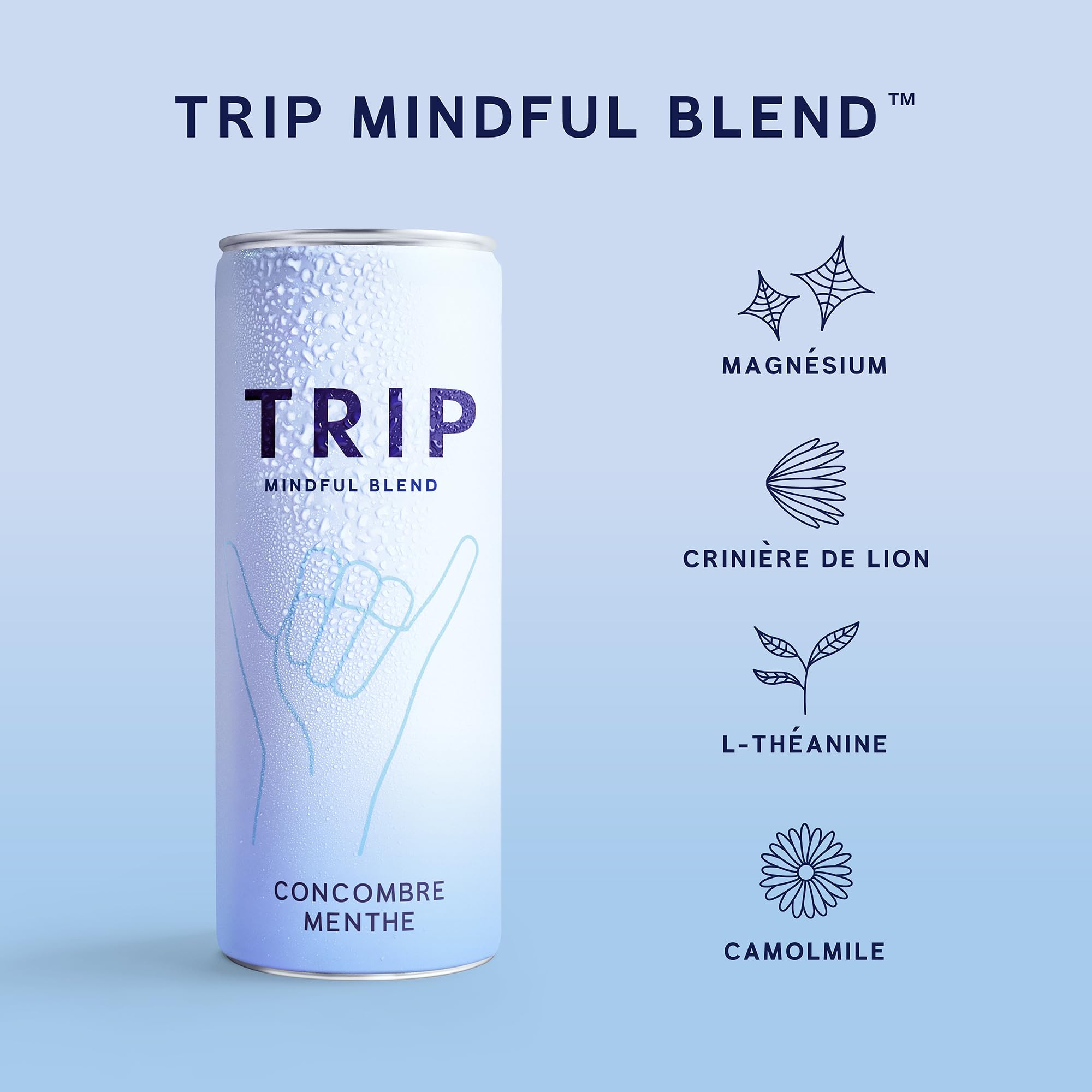 Trip Mindful Blend, boisson légèrement pétillante aux adaptogènes, mocktail avec 120mg de magnésium, crinière de lion et L-théanine, sans sucres ajoutés, végétalienne, saveur menthe-concombre 12x250ml