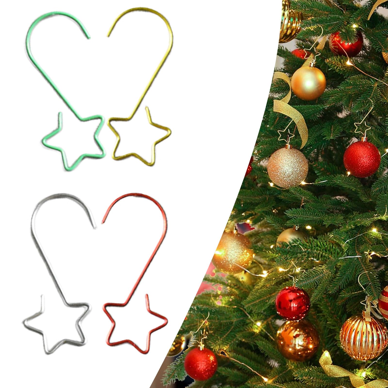 XiaZhiZhen Confezione da 60 ganci per albero di Natale, ganci rapidi per palline di Natale, con stelle, decorazioni per albero di Natale (oro/ganci con stelle