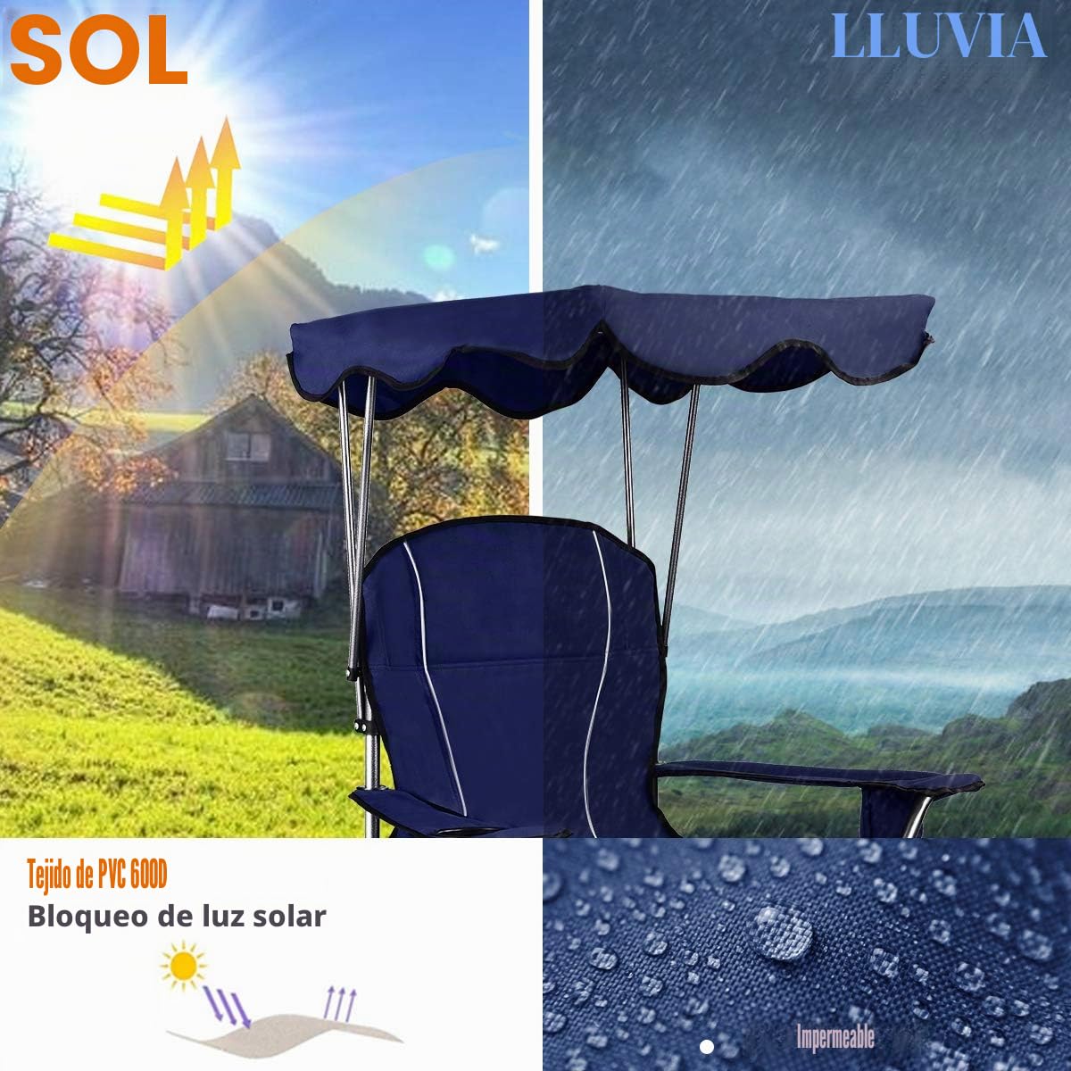 RELAX4LIFE Silla Plegable Camping con Toldo para Pesca y Marco de Acero, Silla de Playa de Tela Oxford con Soporte para Bebidas y Bolsa de Transporte para Excursión y Camping, Carga 120kg (Azul)