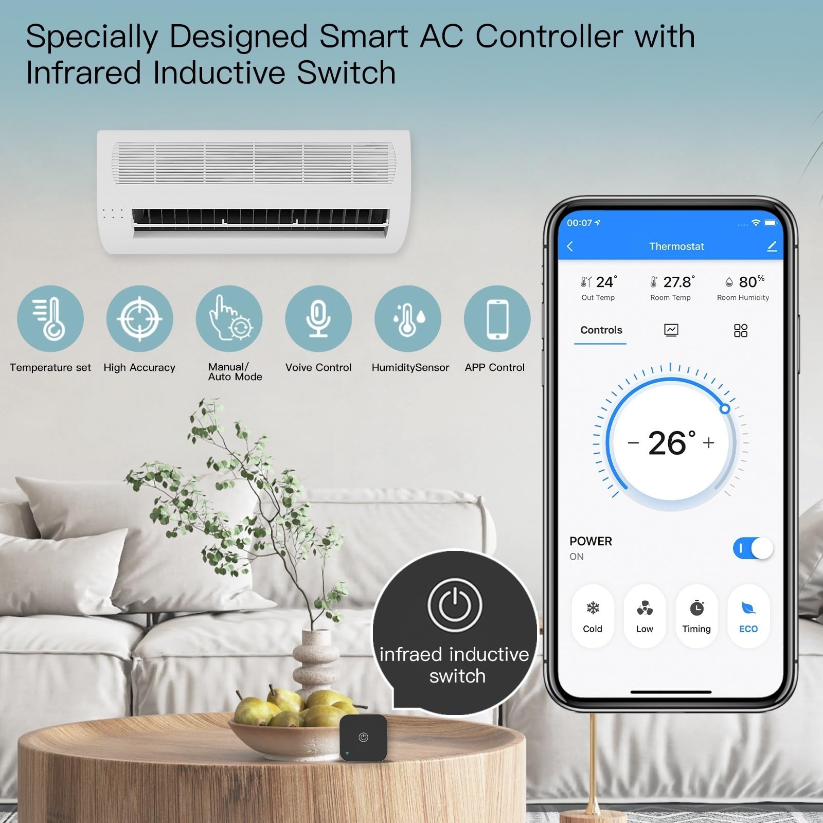 Inteligentny termostat, Termostat Sterownik prądu przemiennego, przycisk dotykowy Inteligentne życie Aplikacja Tuya Bezprzewodowy czujnik temperatury i wilgotności Głos(2PCS Remote sensor)
