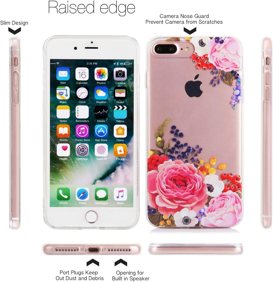 iPhone 8 Plus Clear Flowers Case iPhone 7 Plus Floral Red Pink Rose Pattern Clear IMD Hybrid Soft TPU Case Shockproof Phone Cases for Women Girls-[5.5"]