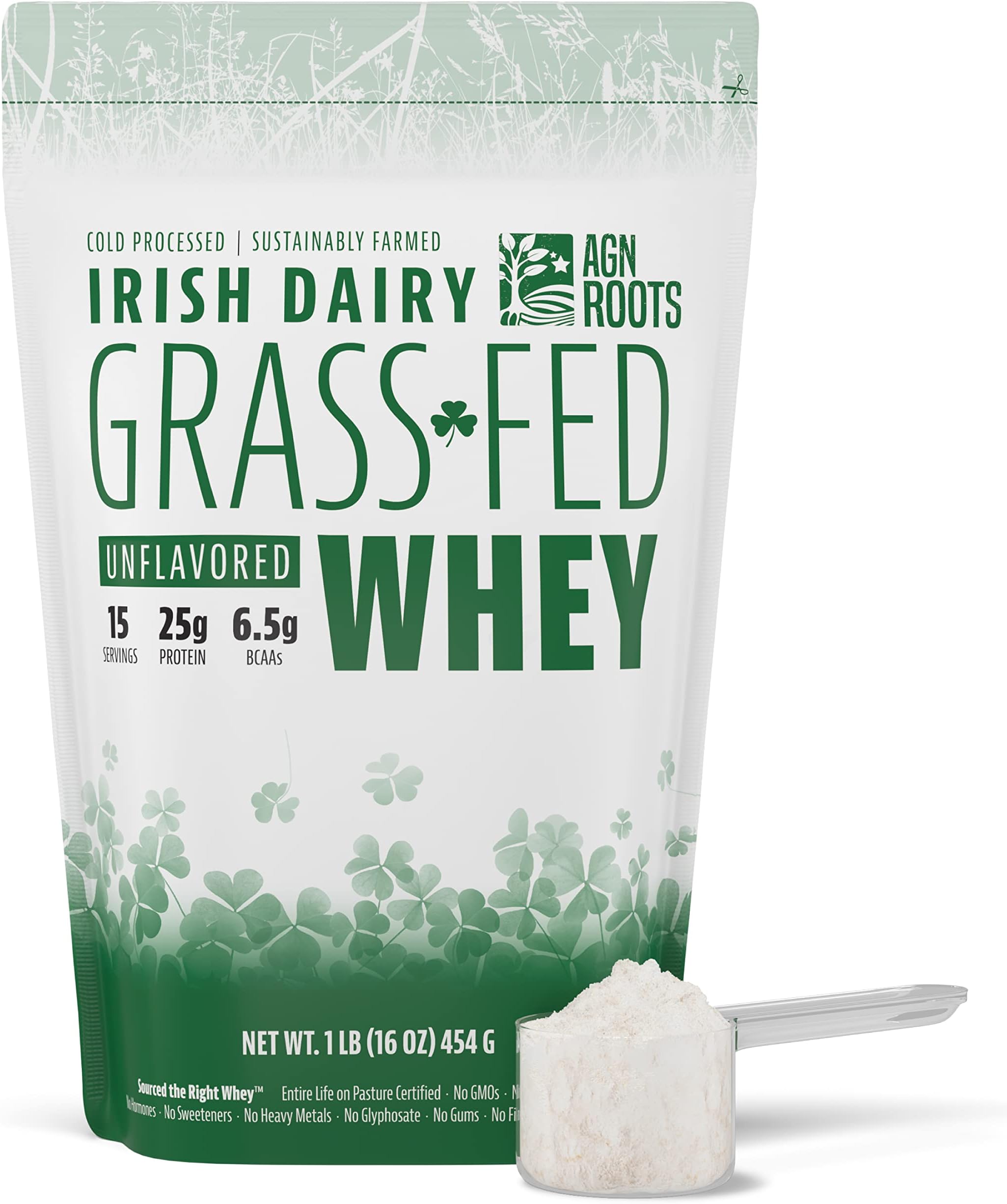 AGN Roots Grass Fed Whey Protein Powder Isolate - Unflavored - Unsweetened - Certified Entire Life On Pasture by A Greener World - ASPCA Registered - Informed Sport - Dairy Protein 1lbs