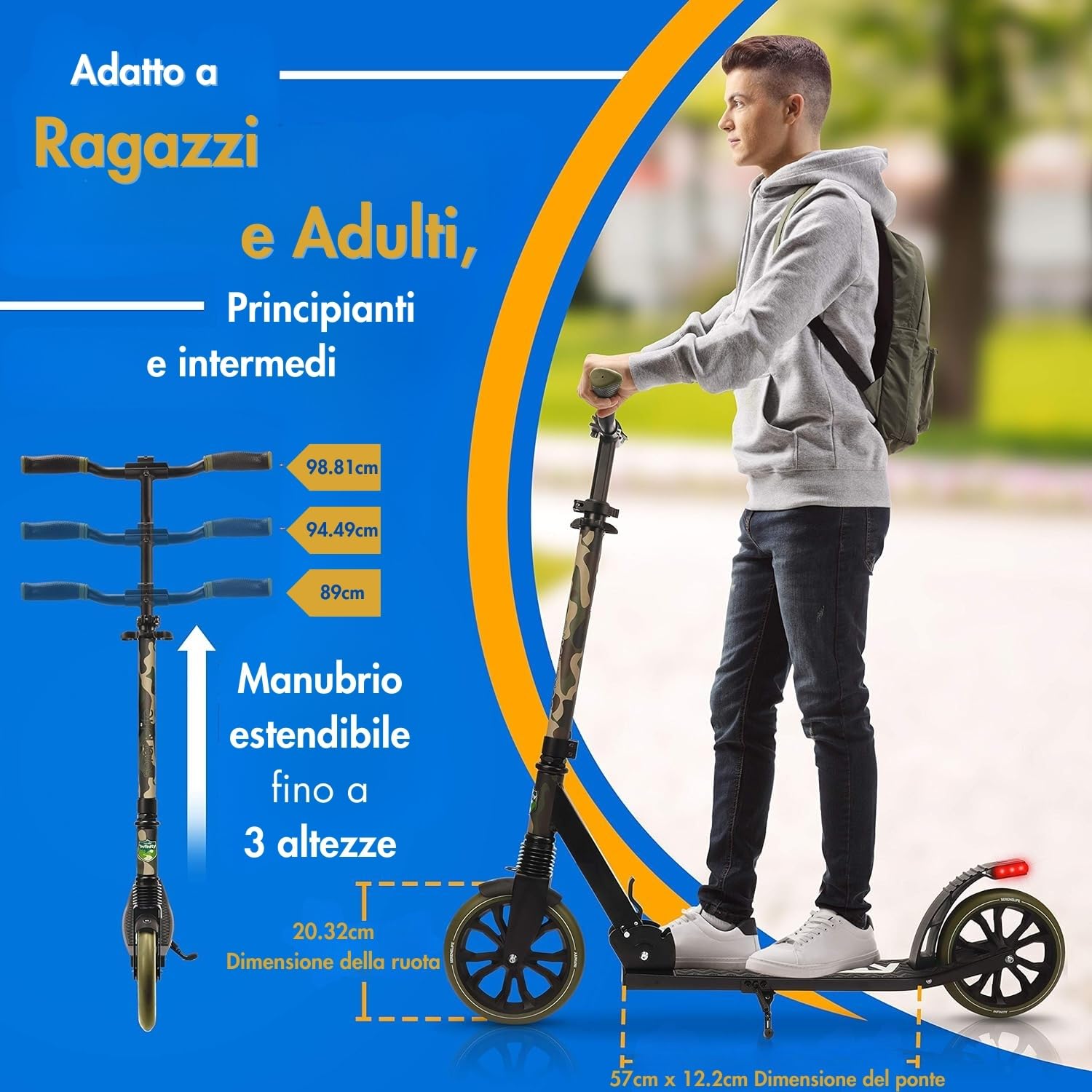 SereneLife Monopattino, Monopattino Bambini da 8 Anni, 2 Ruote con Manubrio Regolabile, Adulti e Adolescenti, Antiscivolo, Monopattino Pieghevole, Monopattino a Spinta e Portatile con Tracolla