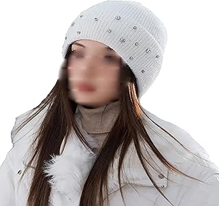 女性の冬のアンゴラニットビーニーハット ラインストーン付き ソリッドカラー 屋外 防寒帽子 女の子 カジュアル 暖かい スカルキャップ