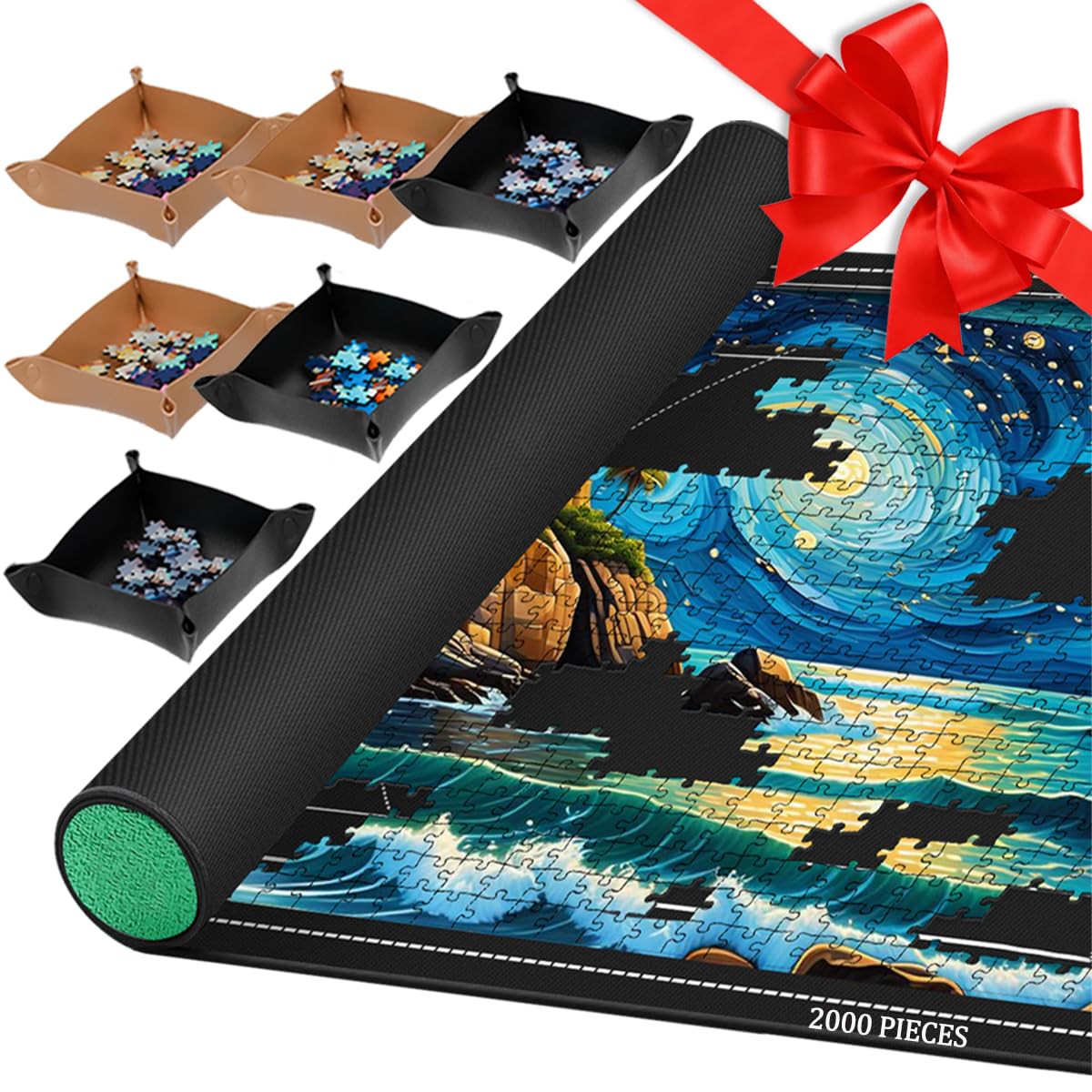 Jigsaw Puzzle Mat Roll Up, Portable Saver Pad 48” x 31” Up to 2000 Pieces, Puzzles Matt Rollup with Non-Slip Rubber Bottom & Smooth Top. (6 Puzzle Sorting Trays & 1 Storage Bag)
