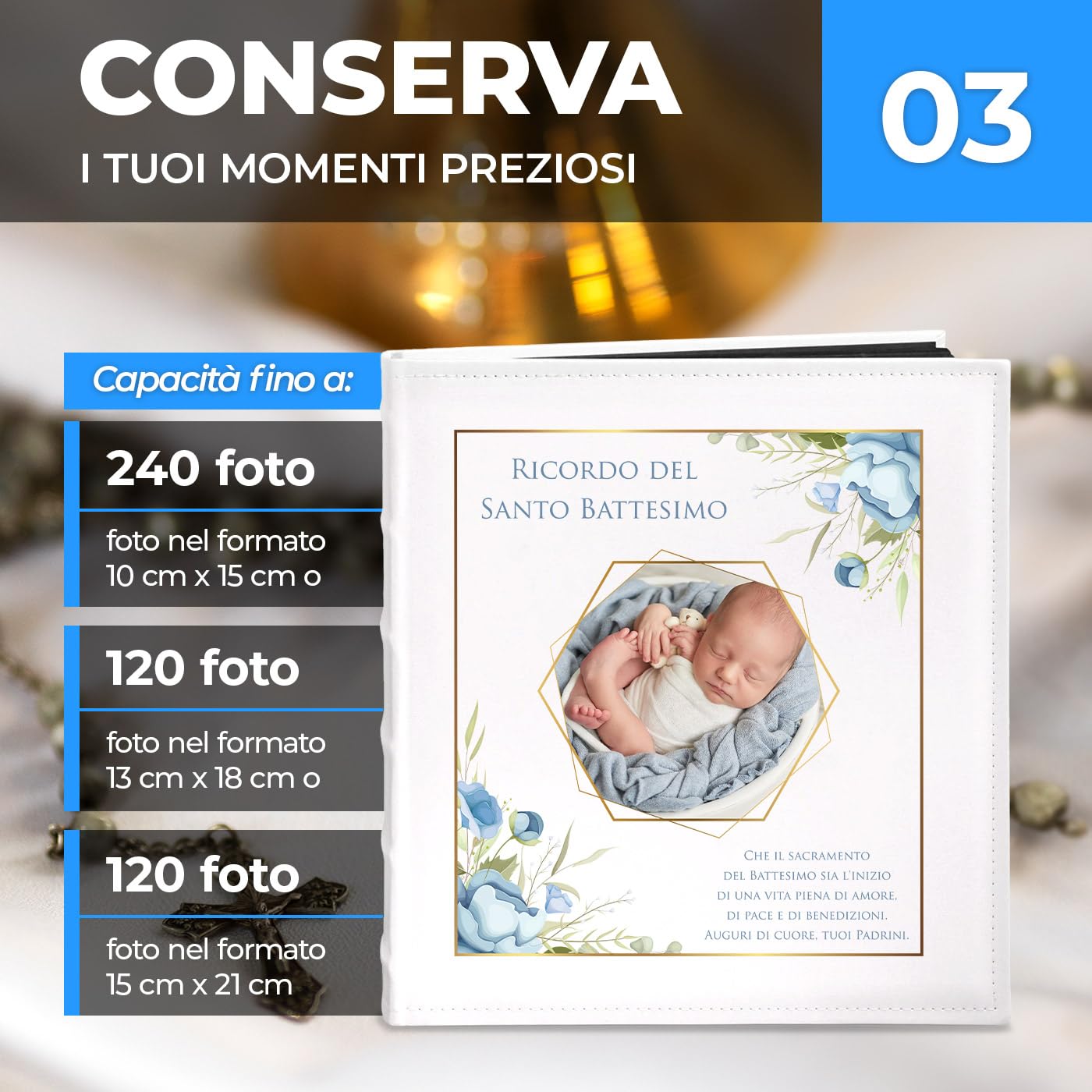 Maverton Album Fotografico - Copertina in Pelle Sintetica Personalizzazione Stampata - 60 pagine nere - 240 foto 10x15cm - regali neonato, battesimo, compleanno - Azzurro