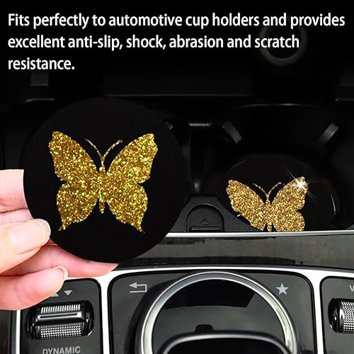 Miniatura 4 de Posavasos de mariposa para automóvil, paquete de 2 posavasos universales de 2.75 pulgadas con inserción antideslizante, con diamantes brillantes,