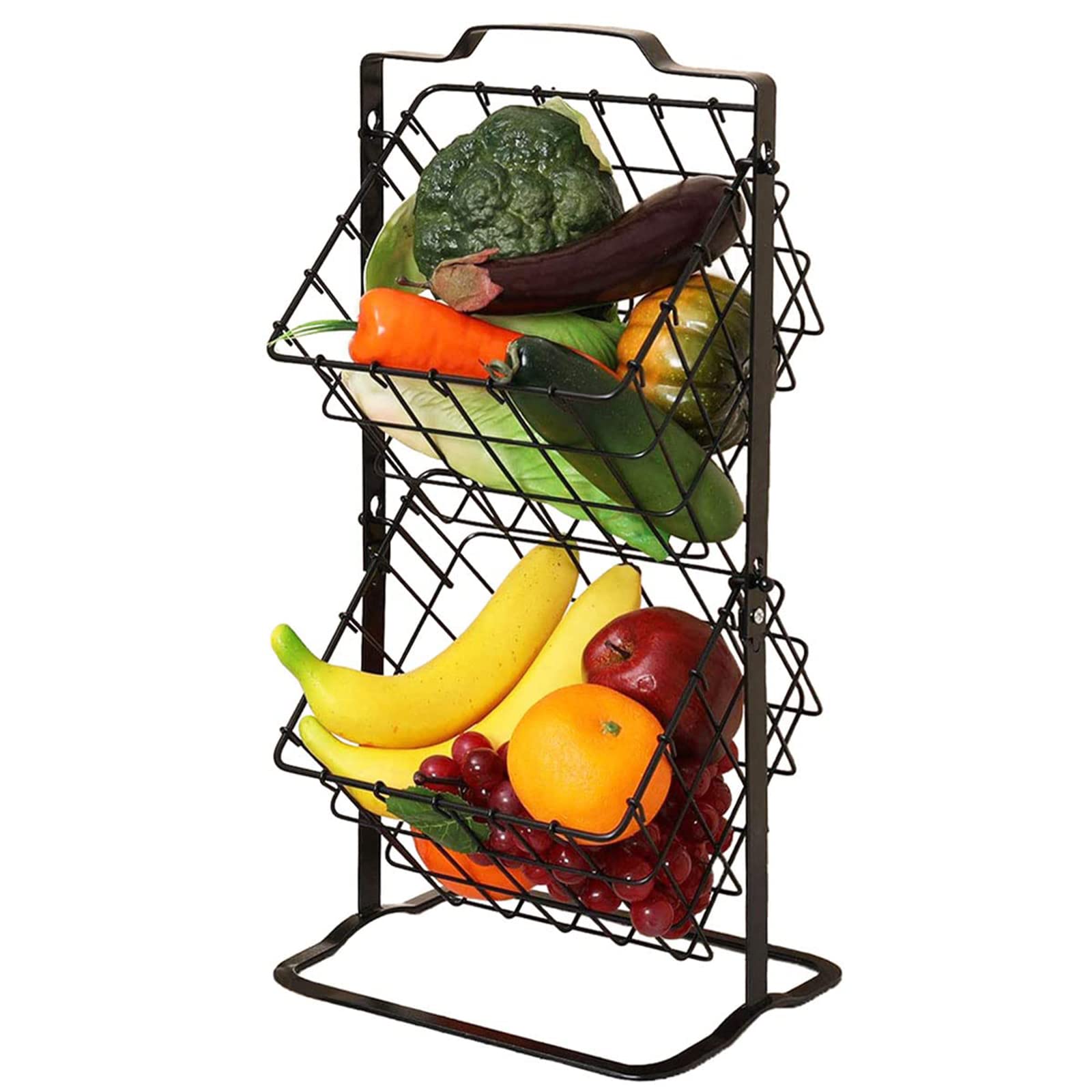 BONITA 2-Tier Fruit Basket Fruit Bowl Square Metal Vegetable Basket Hanging Kitchen Storage Basket on Countertop Multipurpose Kitchen Rack For Holding Veggies, Snacks, K-cups, Sundries ,Black