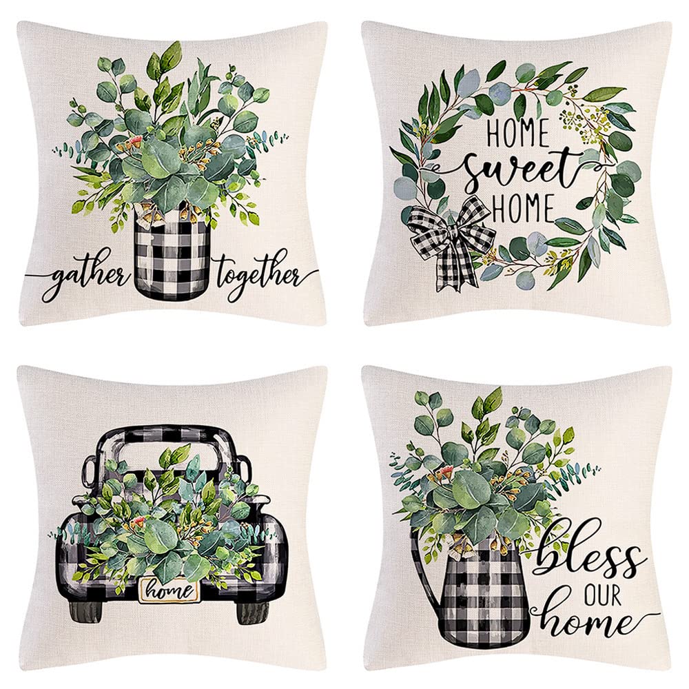 HVEST Green Eucalyptus Leaf Pillow Covers 18x18 Set of 4, Farmhouse Sage Green Leaf Plant with Black and White Plaid Truck Print Decorative Throw