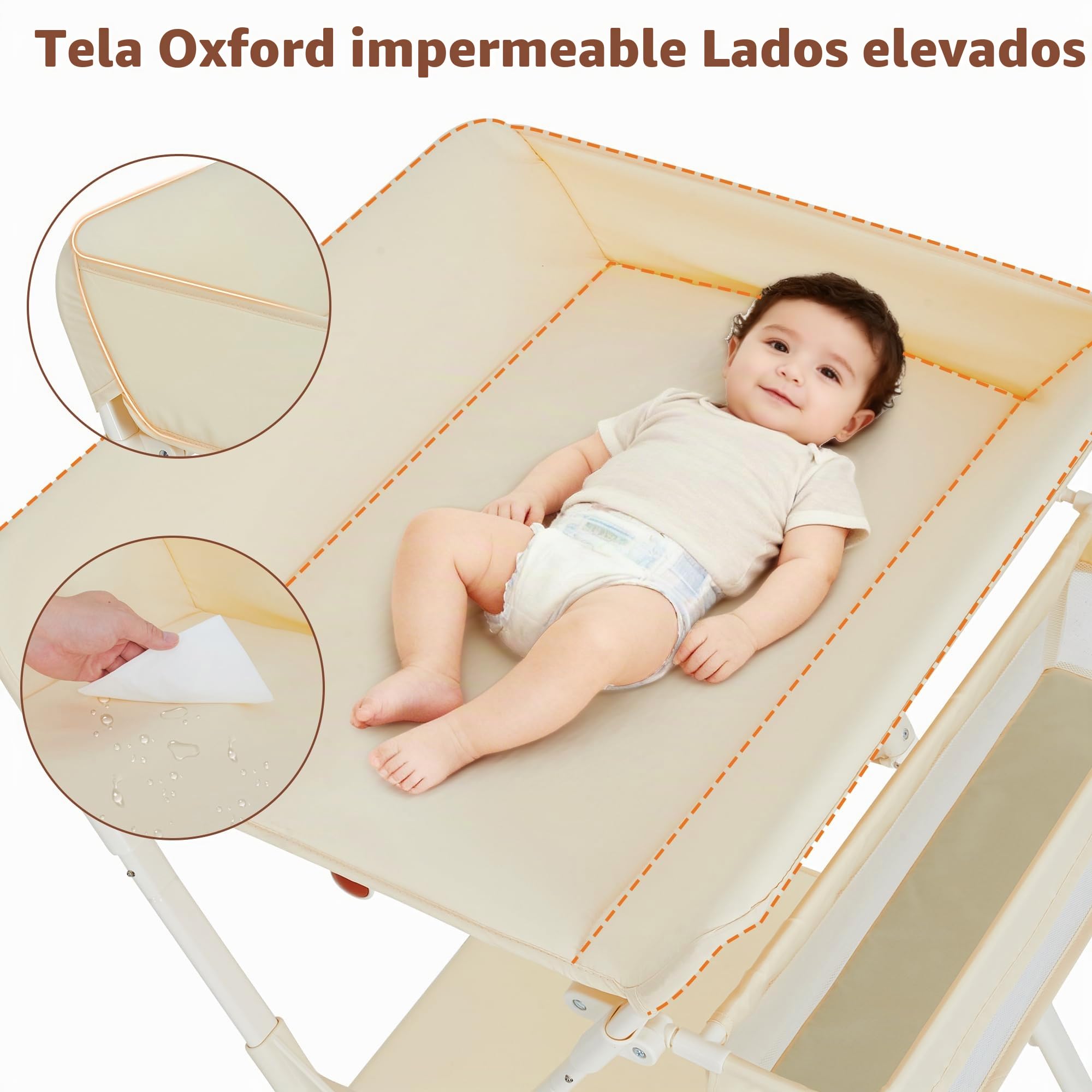 Mesa cambiador para bebé, 69 x 68,8 x 107 cm, con cinturón de seguridad, cuatro ruedas con frenos y una cesta lateral, para recién nacidos, color beige