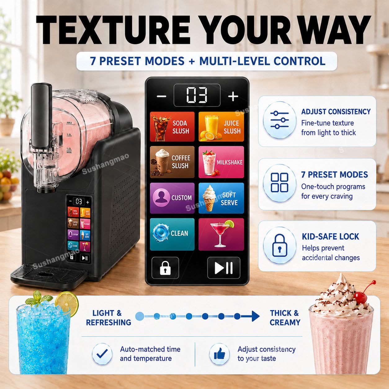 Slushie & Soft Serve Eismaschine, 2L Maschine mit 7 Voreinstellungen, Timer, Selbstreinigend, Einstellbare Textur | Ideal für Slush, Milchshakes, Frozen Desserts