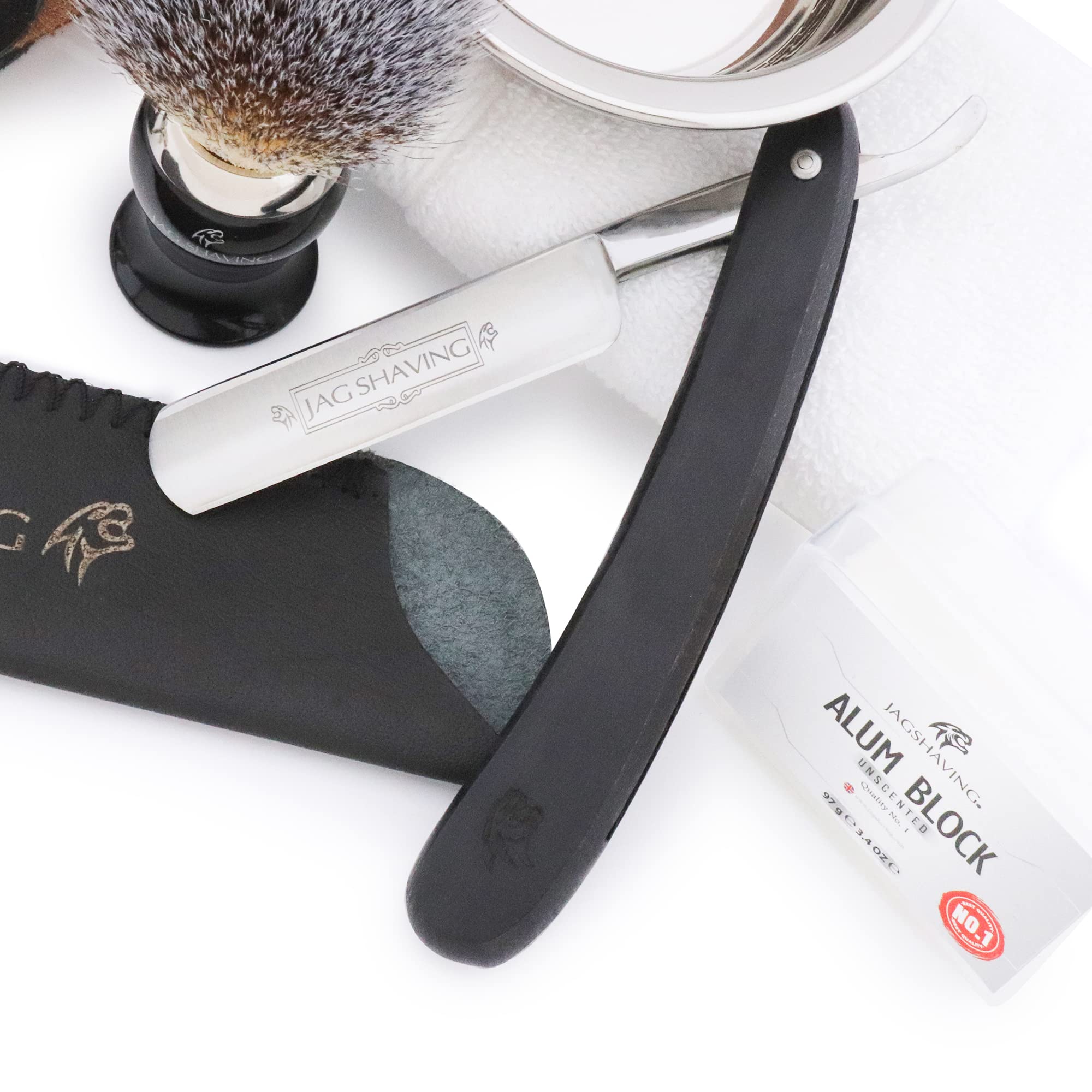 Jag Shaving Zestaw do golenia – 6-częściowy zestaw do golenia – brzytwa – pędzel do golenia z syntetycznych włosów – mydło do golenia – skórzane etui na maszynkę do golenia – blok ałunowy – skóra