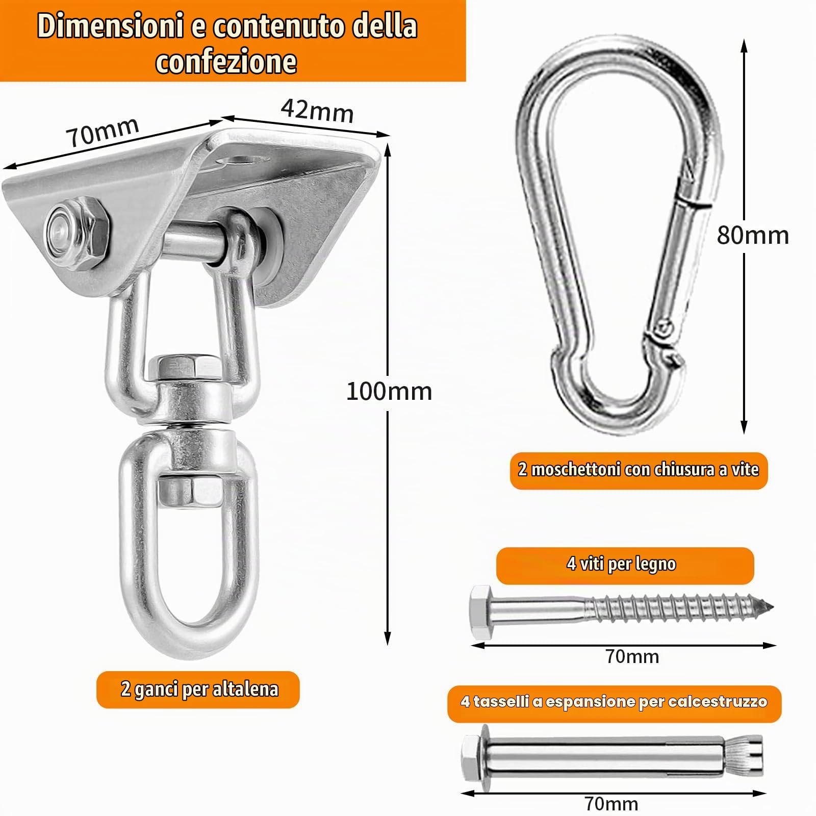 2 Pezzi Gancio Soffitto Acciaio Inossidabile 450kg Capacità, Supporto Sacco Boxe Girevole 360°con Viti Bulloni per Cemento e Legno, Gancio Carichi Pesanti per Altalena, Amaca, Yoga, Sedia Sospesa