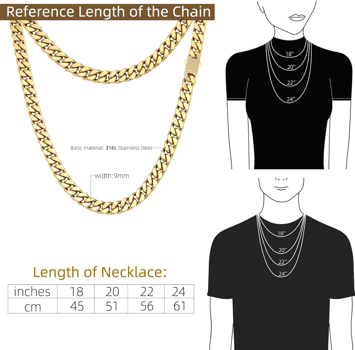 CaptainSteeL Miami Cuban Link Chain Necklace for Men/Women,316L Stainless Steel/Gold Plated 9MM Width 18"/20"/22"/24" Length Fashion Snap Shiny Ziron Button Hip Hop Jewelry with Gift Box - Image 5