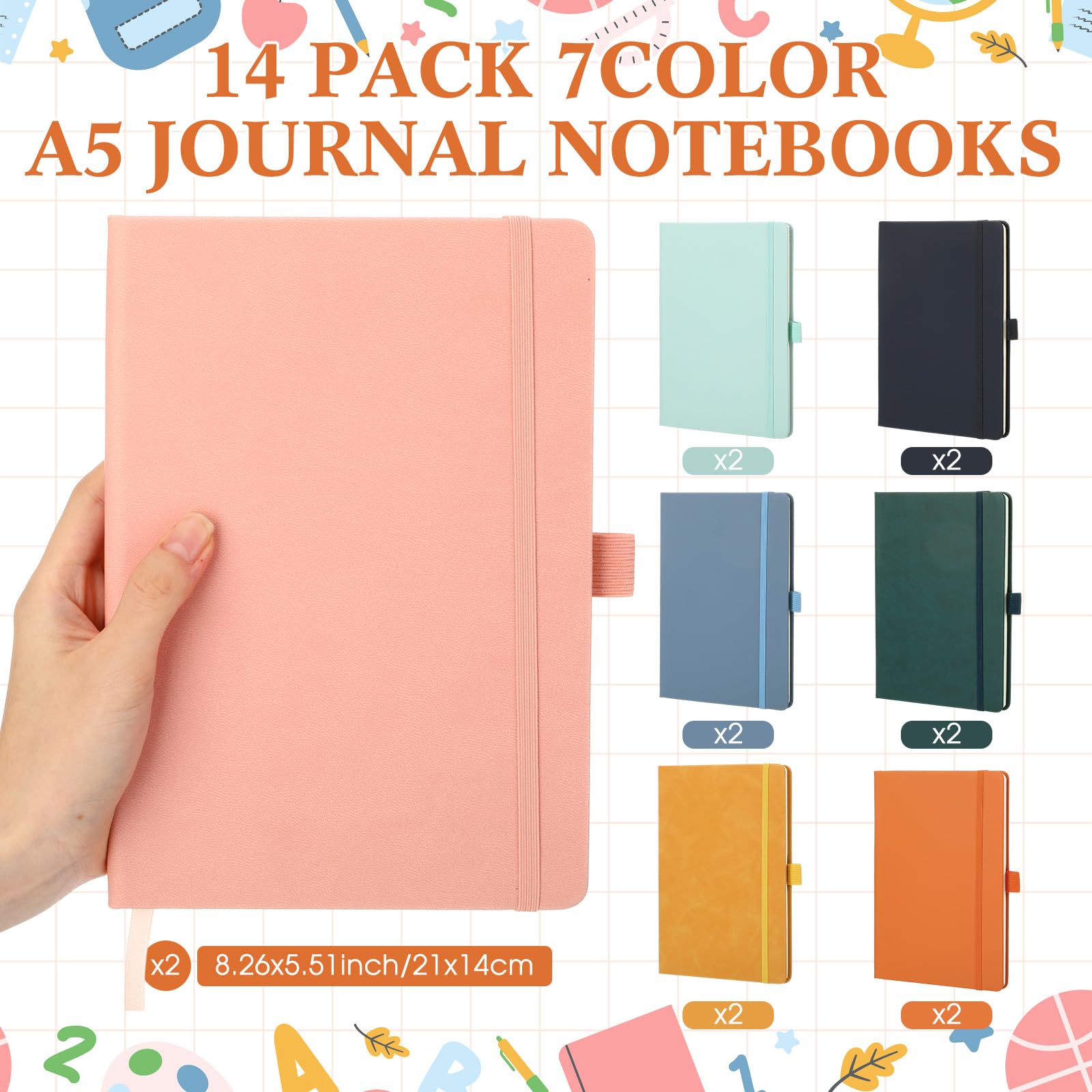 Laumoi Paquete de 14 cuadernos rayados de 5.5 x 8.2 pulgadas, cuaderno de tapa dura A5, bloc de notas con rayas universitarias con soporte para bolígrafo, diarios rayados de piel sintética para