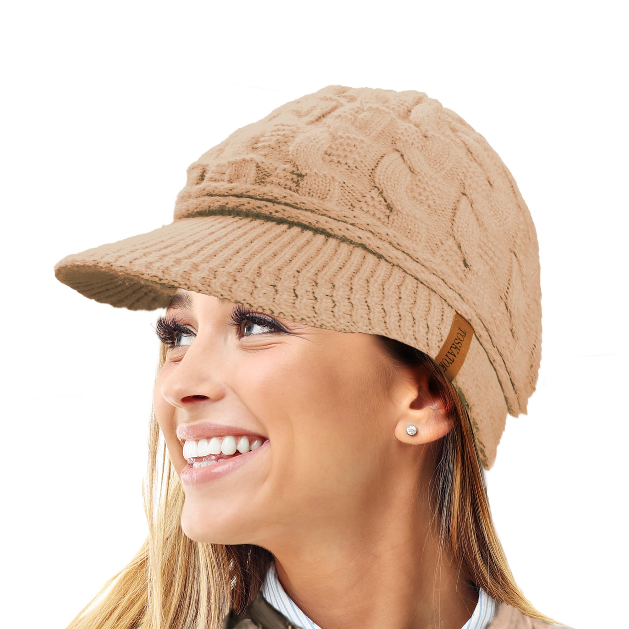 Ladies Peaked Cable Knit Warm R80 Teddy Fleece Lined Beanie Winter Hat Cap-Camel