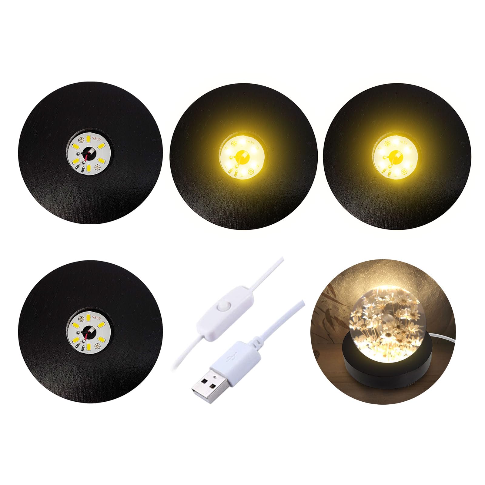 Wooden LED Light Base Display Base, USB Wood Light Display Base Crystal Glass Light Base Stand for 3D Crystal Glass Resin Art (Black-Warm Light,4pcs)