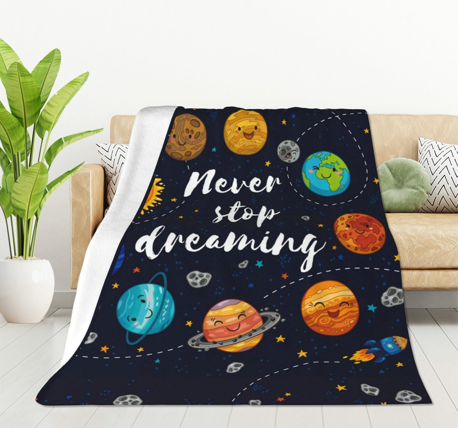 Cute Outer Space Planets Blanket Fleece Never stop dreaming Throw Blanket Comets Sun Cosmos Blanket for Women Solar System Fuzzy Plush Blanket for Bed Couch Sofa Chair Office (130x150cm)